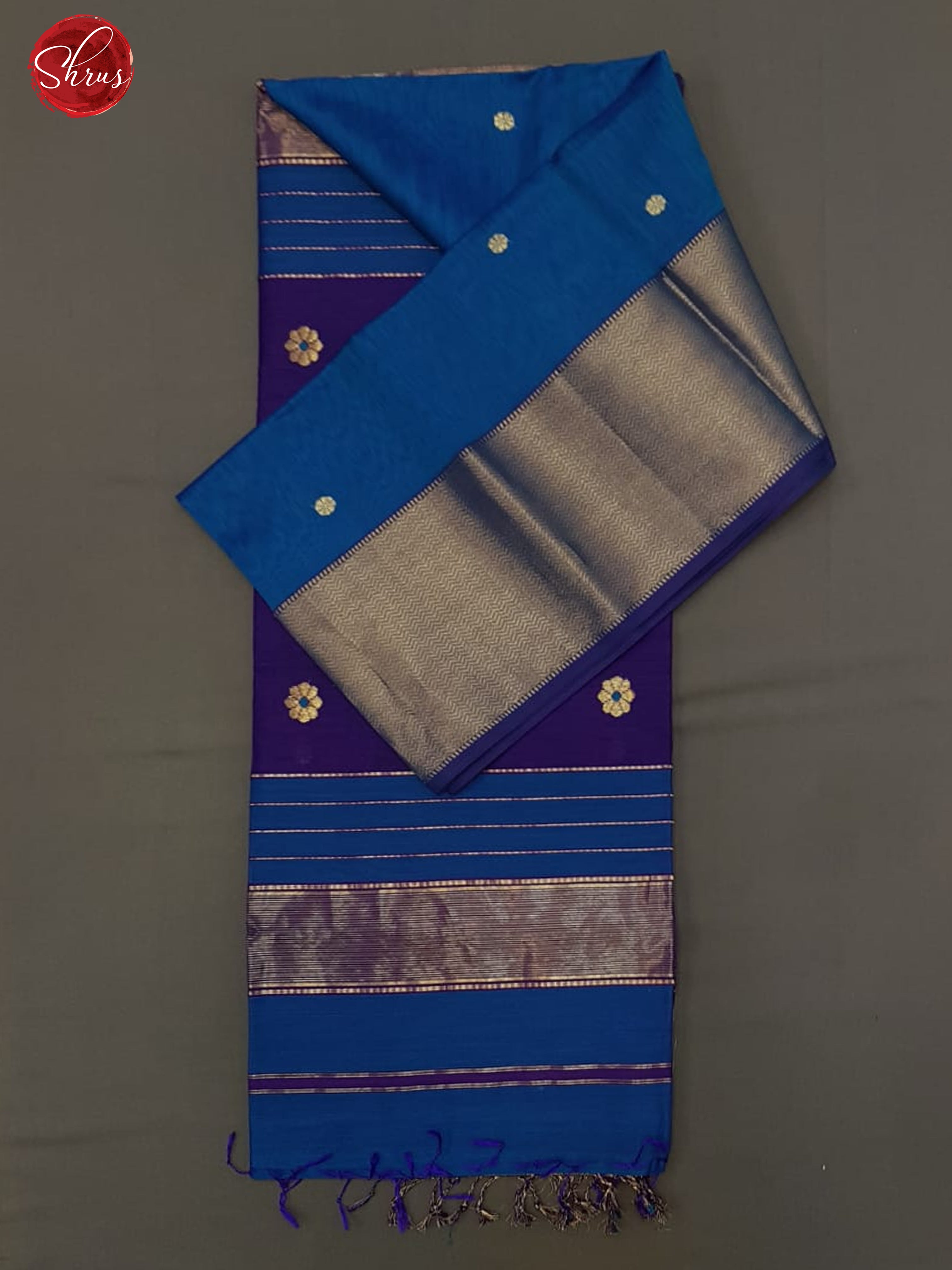 Blue & Purple-  Maheshwari Silk Cotton with zari woven buttas on the   Body & Zari border - Shop on ShrusEternity.com