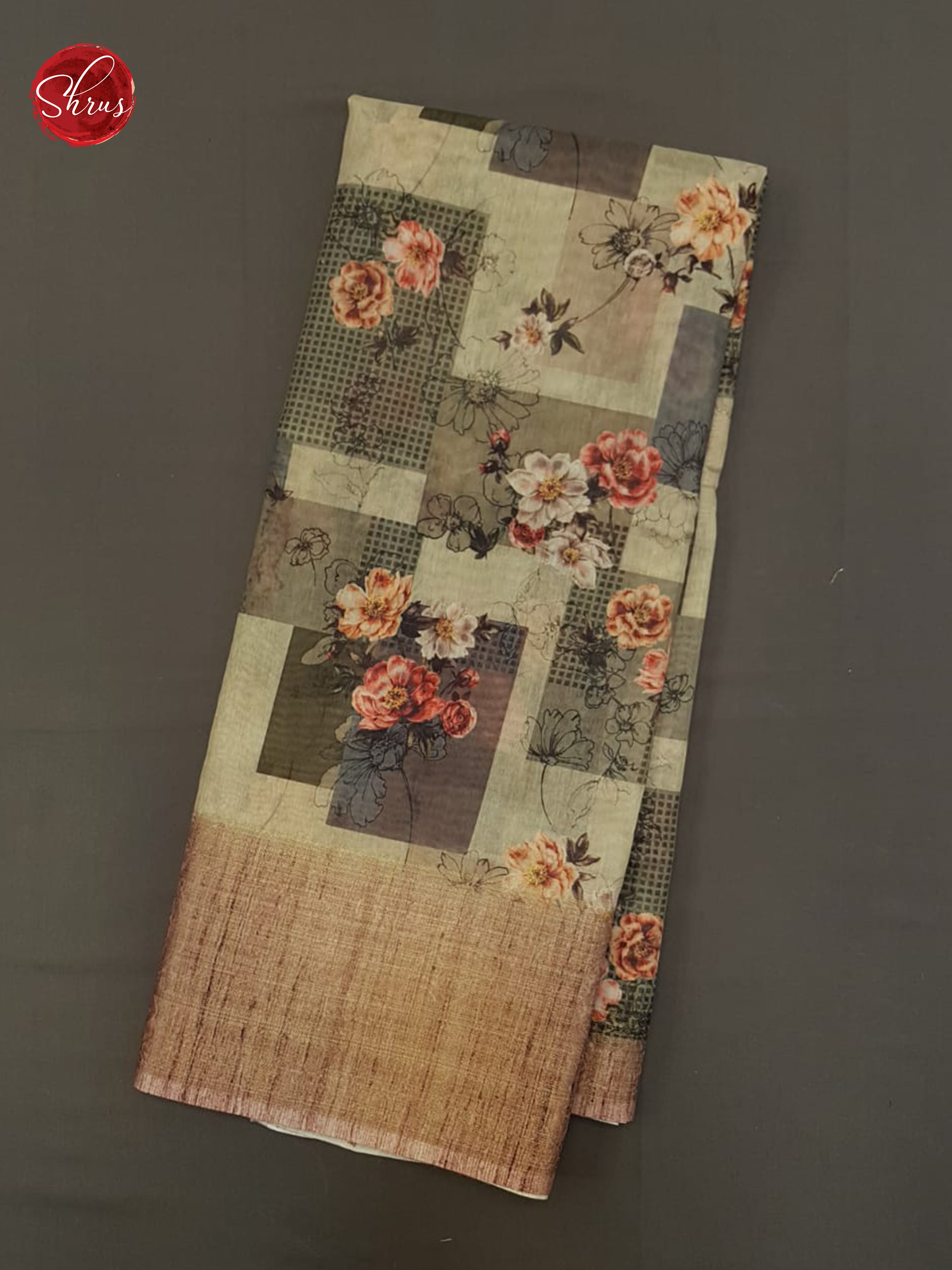 Grey & Brown - Semi Chanderi with floral print on the body & Zari Border - Shop on ShrusEternity.com