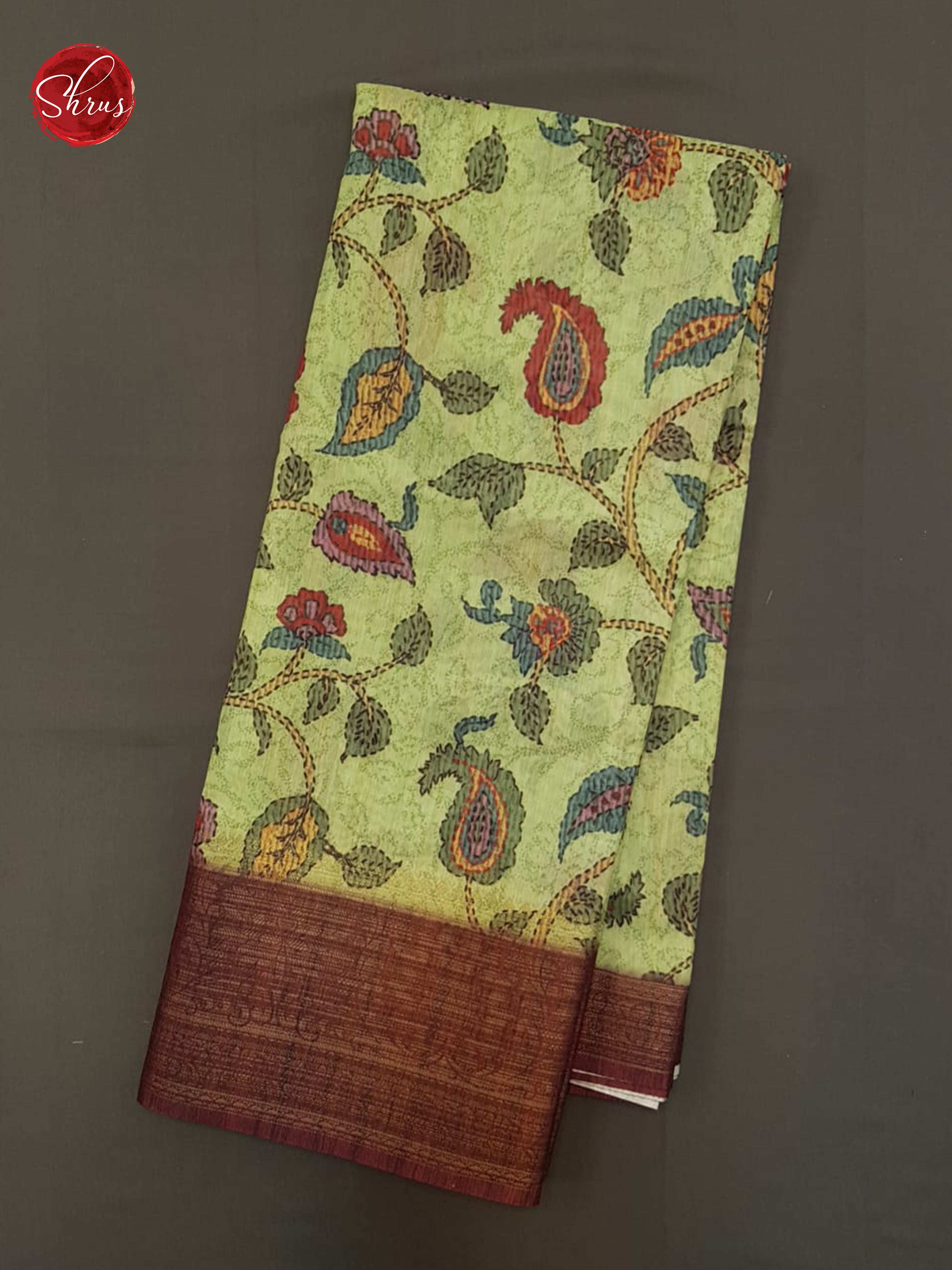 Green & Brown - Semi Chanderi with floral print on the body & Zari Border - Shop on ShrusEternity.com