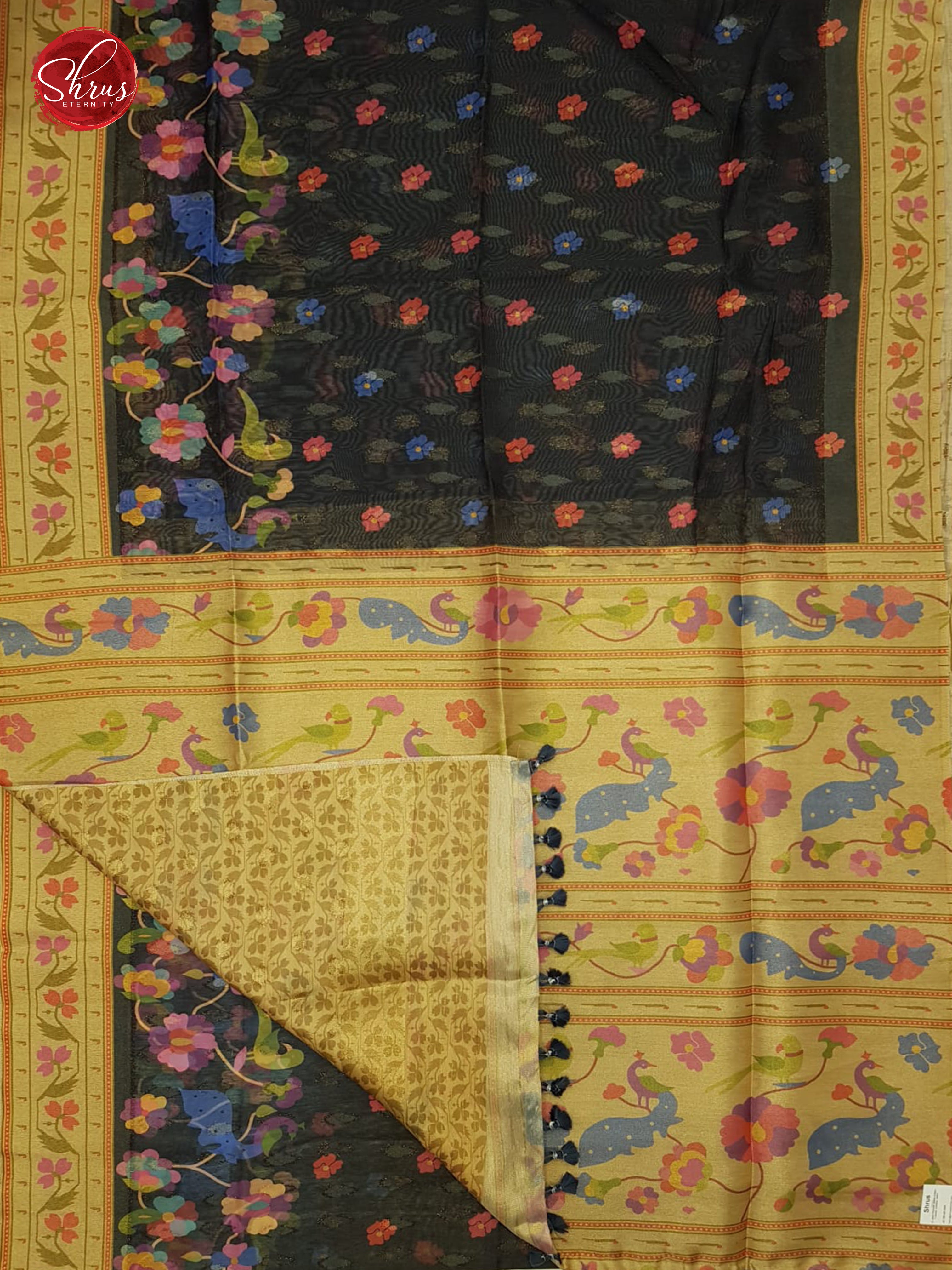 Black  & Gold - Semi Jute with  floral  Print   on the Body & contrast printed  Border - Shop on ShrusEternity.com