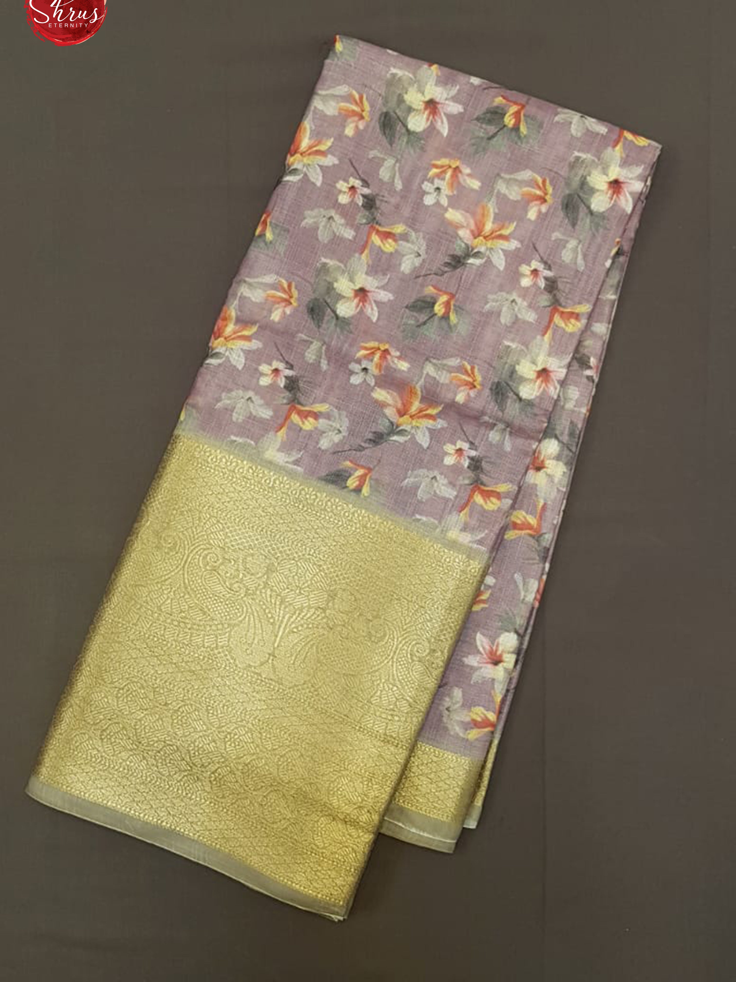 Lavender & Grey -  Matka Cotton with floral print on the Body &  contrast  zari  Border - Shop on ShrusEternity.com