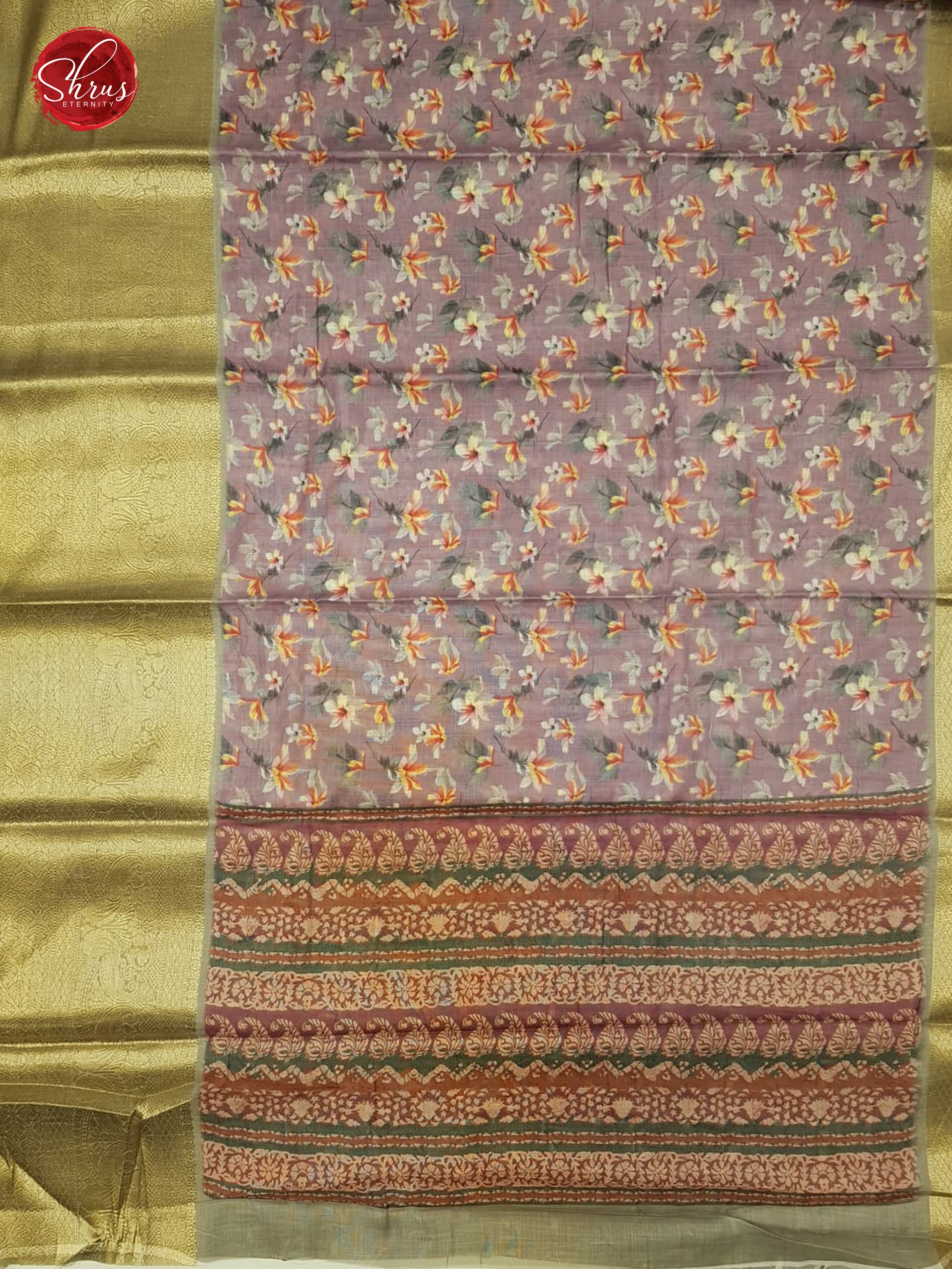 Lavender & Grey -  Matka Cotton with floral print on the Body &  contrast  zari  Border - Shop on ShrusEternity.com