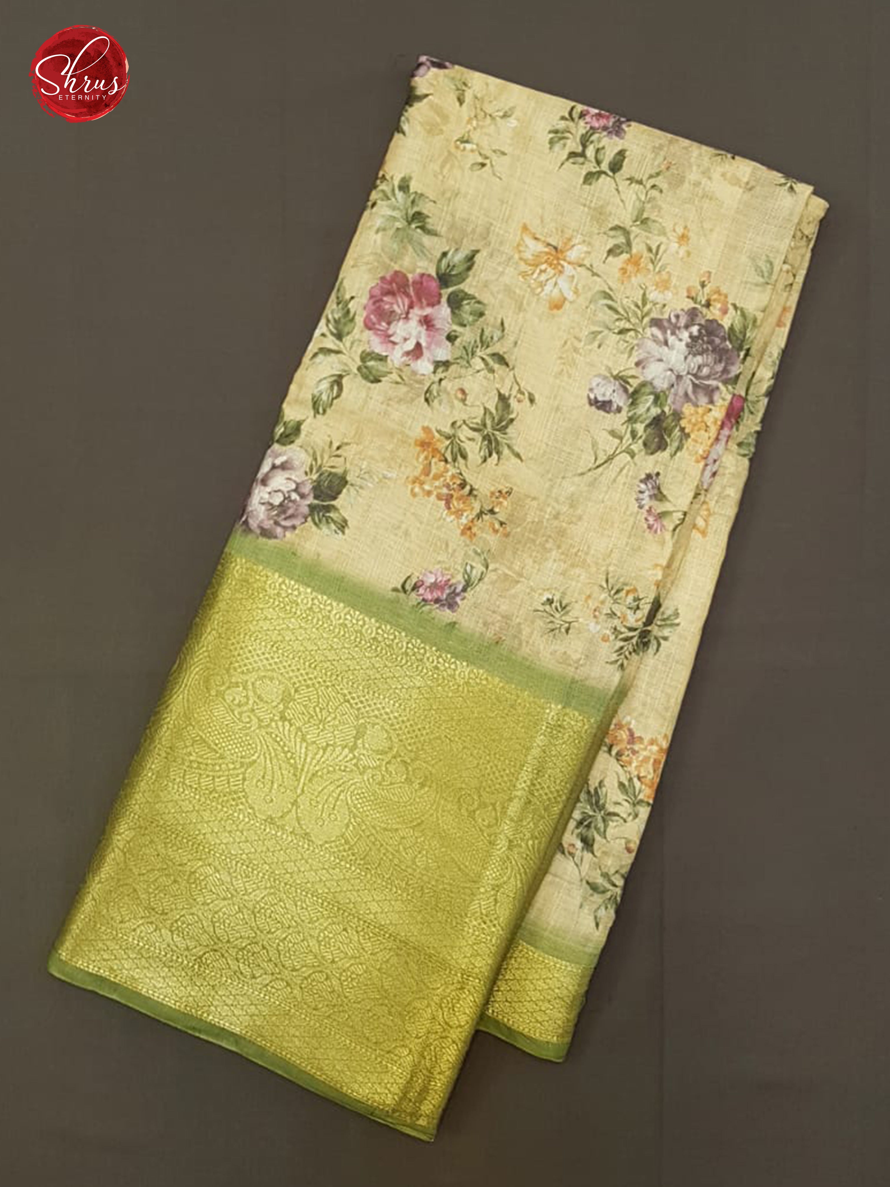 Sandal & Green -   Matka Cotton with floral print on the Body &  contrast  zari  Border - Shop on ShrusEternity.com