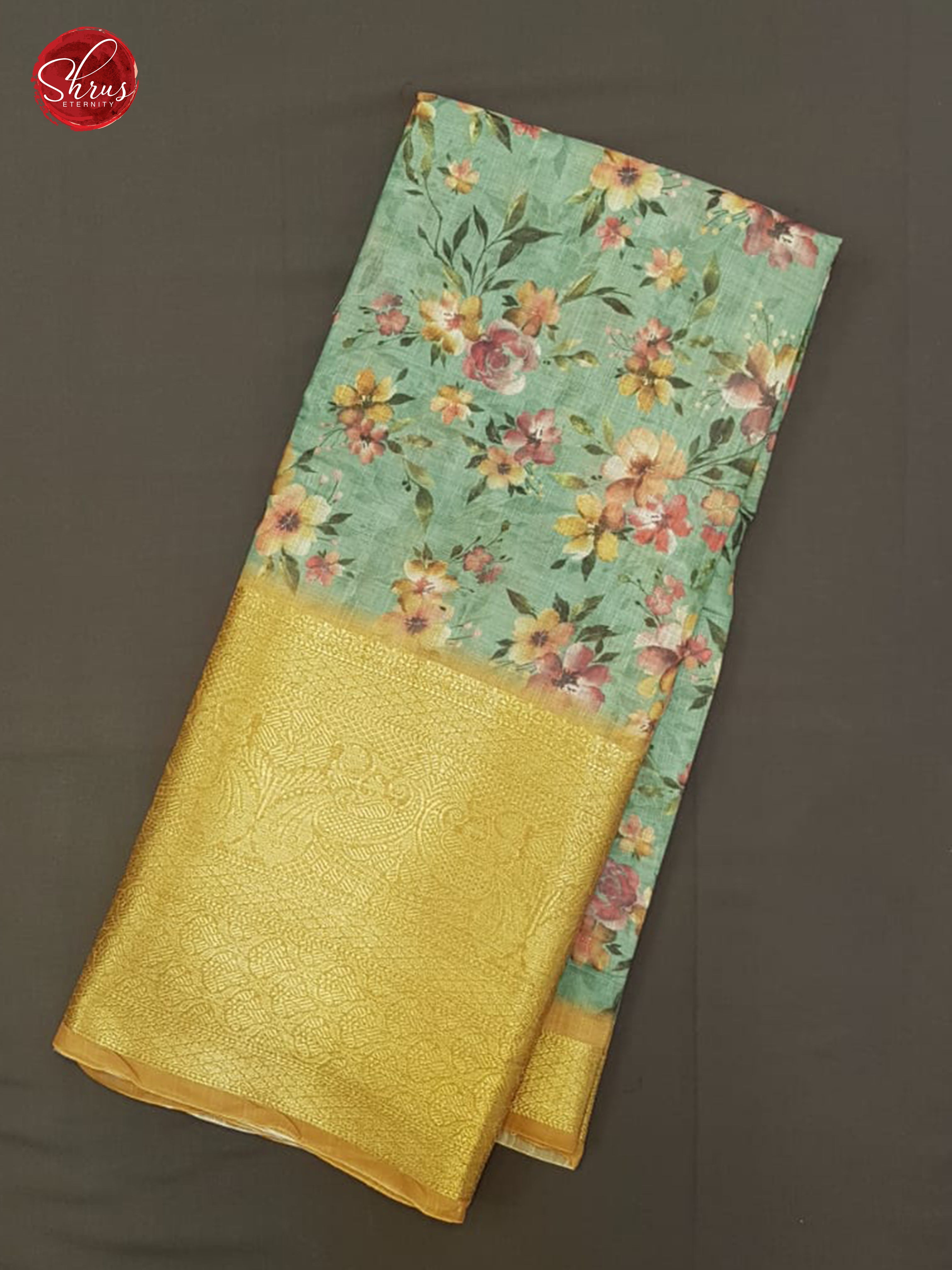 Green & Mustard -  Matka Cotton with floral print on the Body &  contrast  zari  Border - Shop on ShrusEternity.com