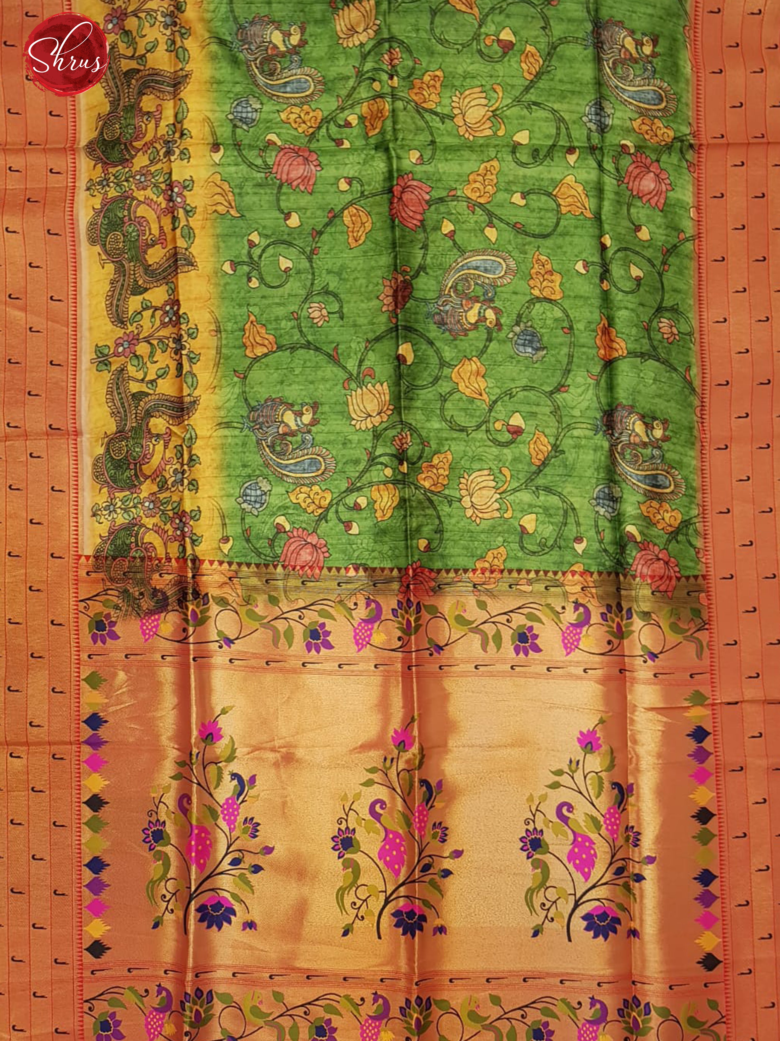 Green & Pink -  Semi  Paithani with Kalamkari floral print & Contrast Zari Border - Shop on ShrusEternity.com