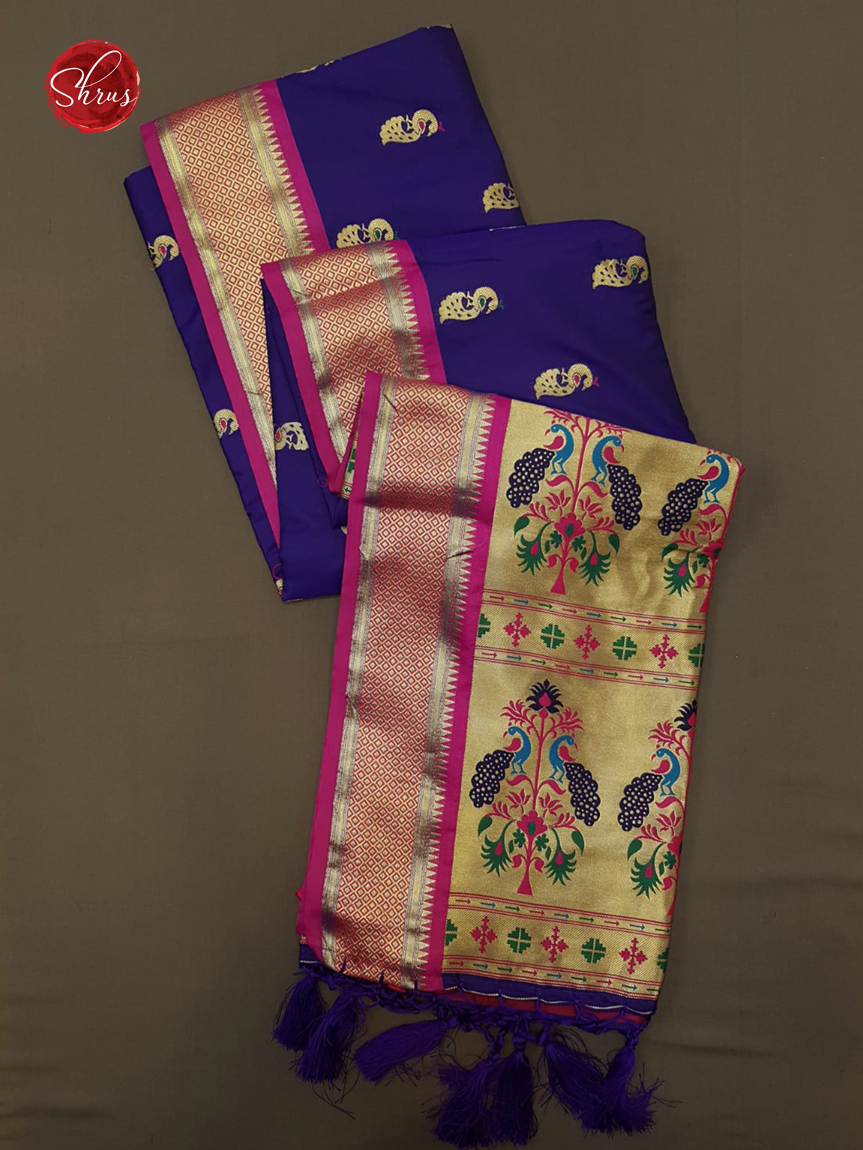 Blue & Majenta Pink -Semi Paithani with zari buttas on the body &  Zari Border - Shop on ShrusEternity.com