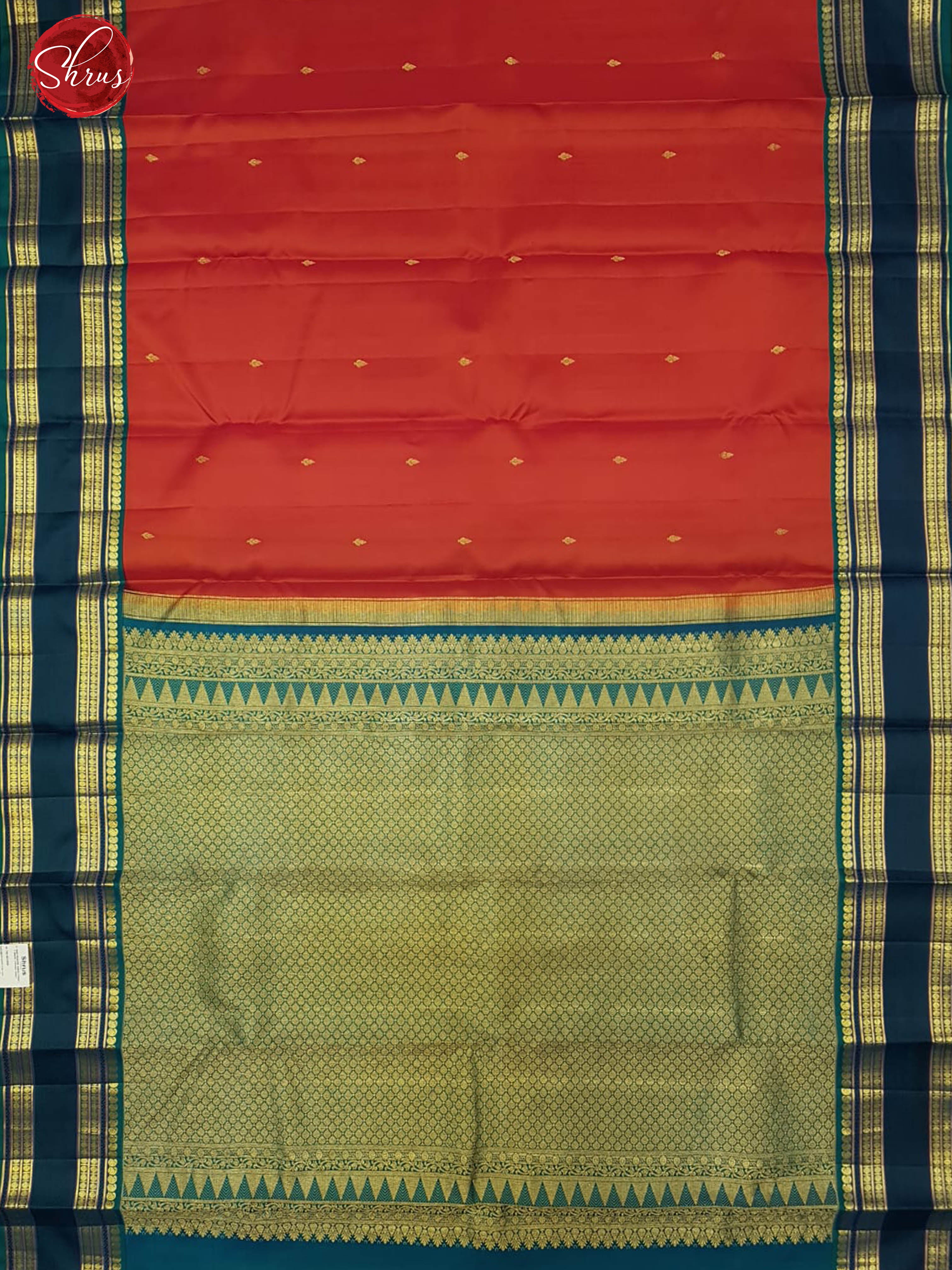 Red & Peacock Blue - Kanchipuram Silk with zari buttas on the body & Contrast Zari Border - Shop on ShrusEternity.com