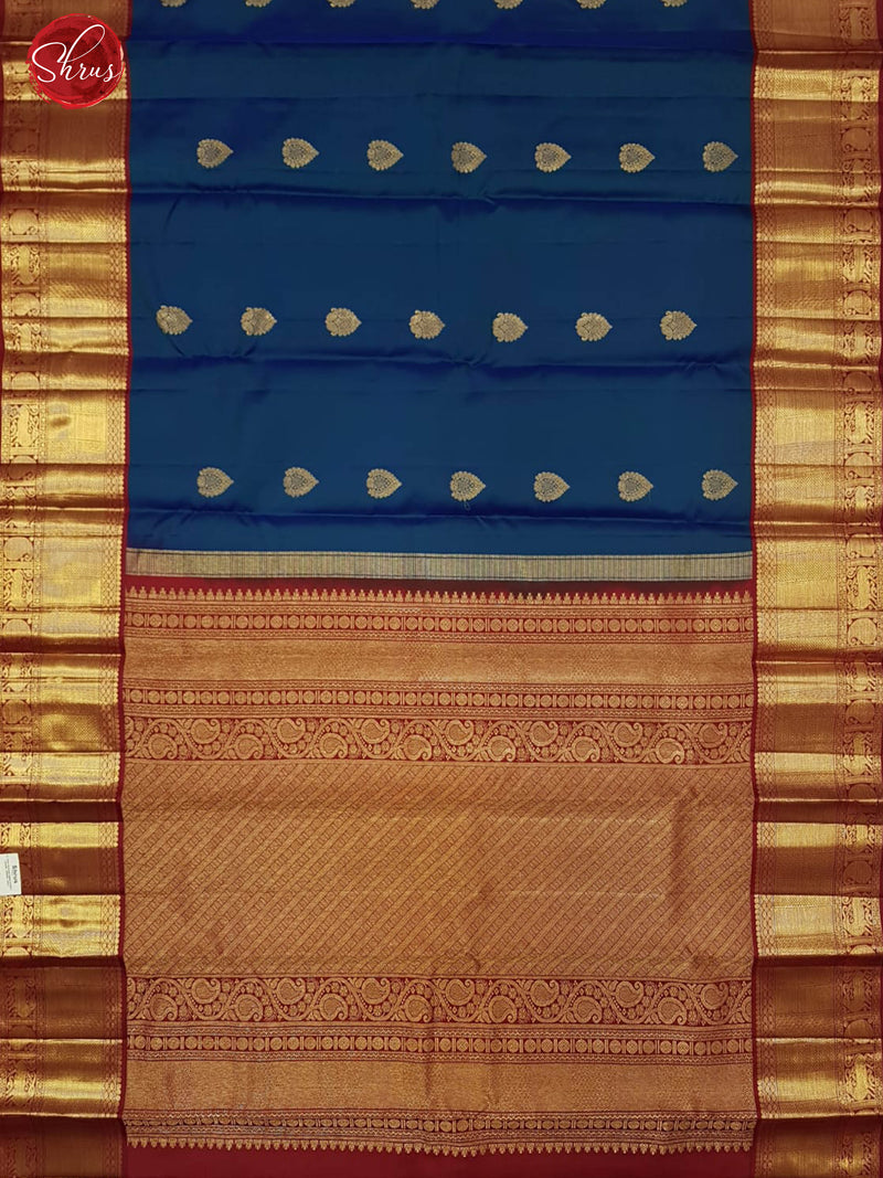 Blue & Red -  Kanchipuram Silk with zari woven floral buttas  on the body & Contrast zari Border - Shop on ShrusEternity.com