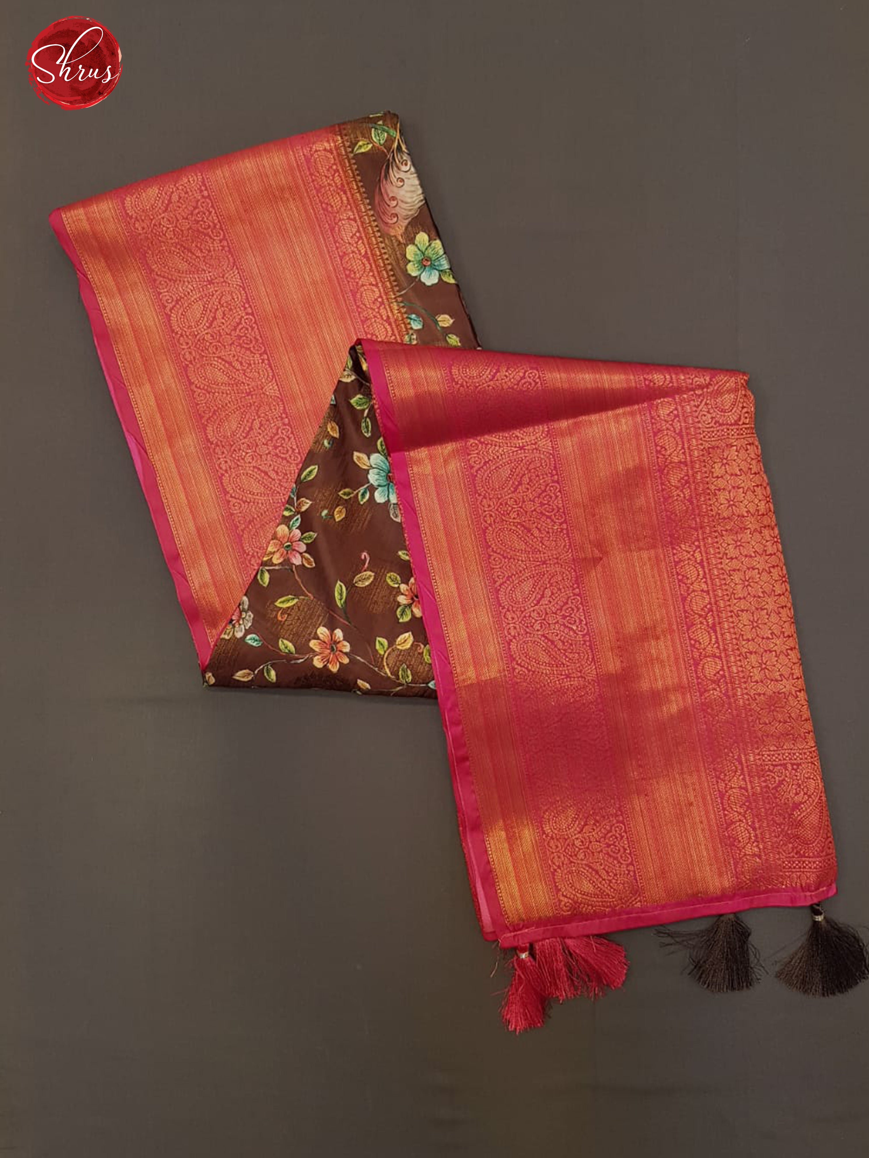 Brown & Pink- Semi Dupion with kalamkari floral print on the body & Contrast Border - Shop on ShrusEternity.com