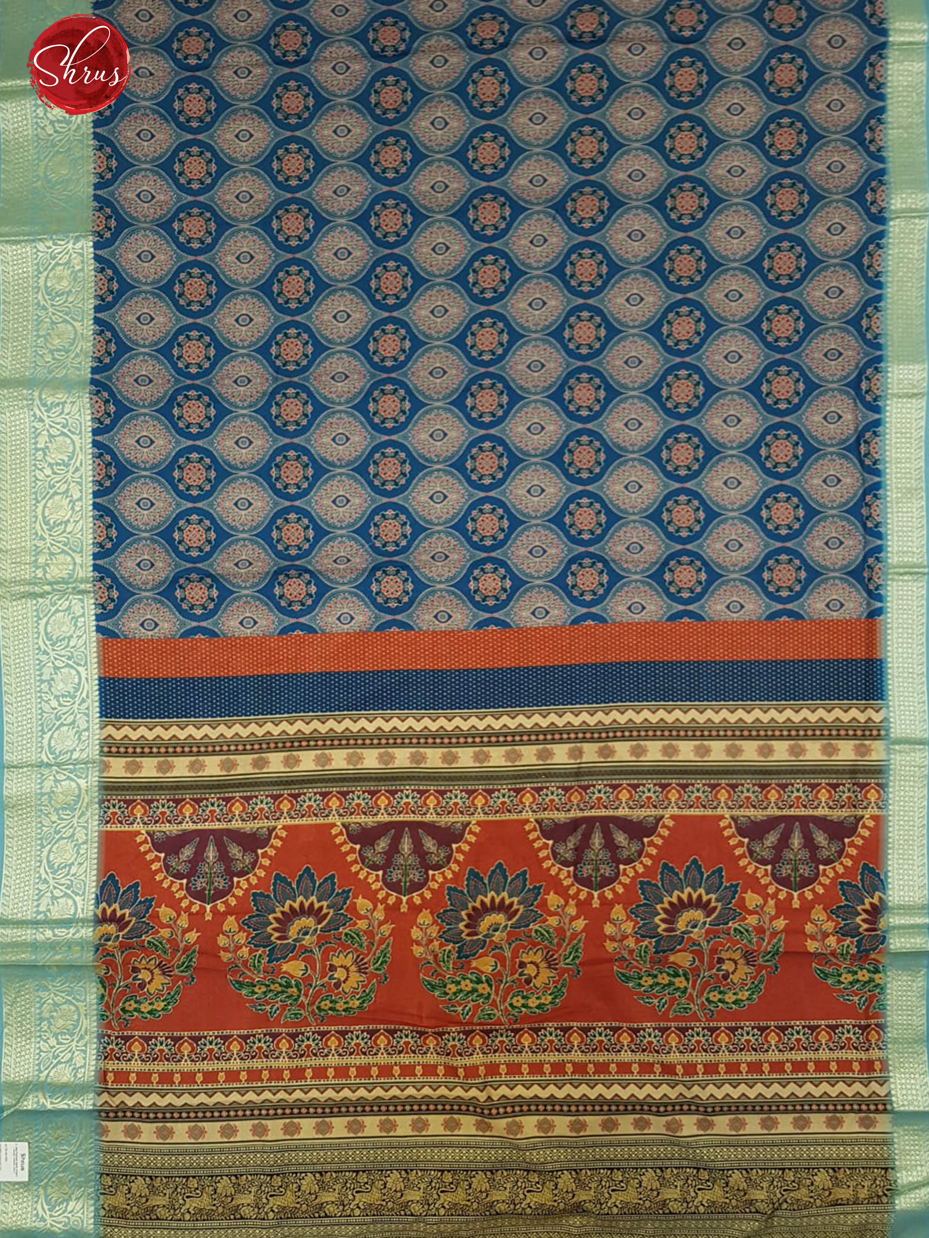 Blue & Orange - Semi Crepe with floral print on the body & Zari Border - Shop on ShrusEternity.com