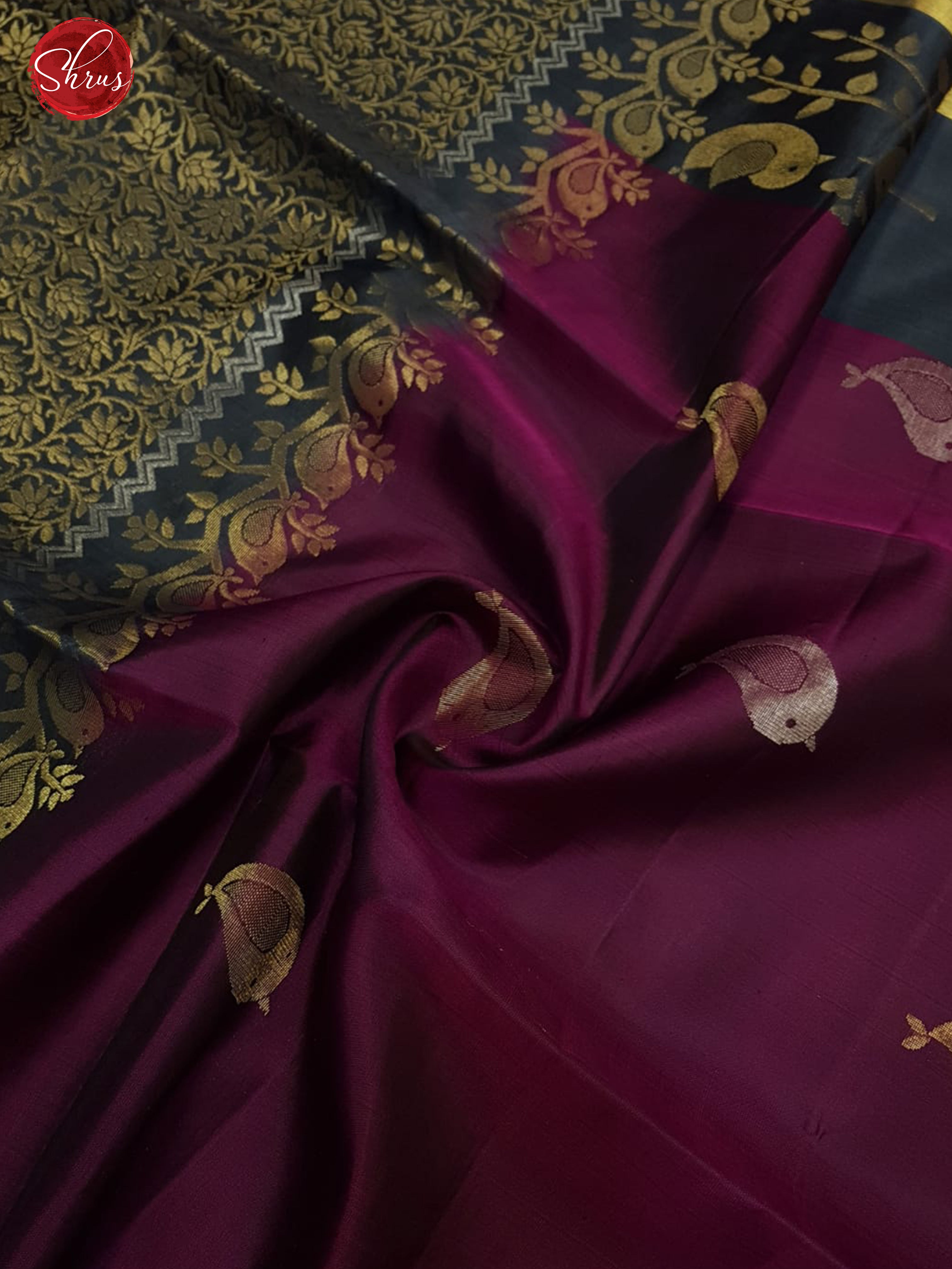 Wine & Grey - Soft Silk with zari woven birds motifs on the body & contrast Border - Shop on ShrusEternity.com