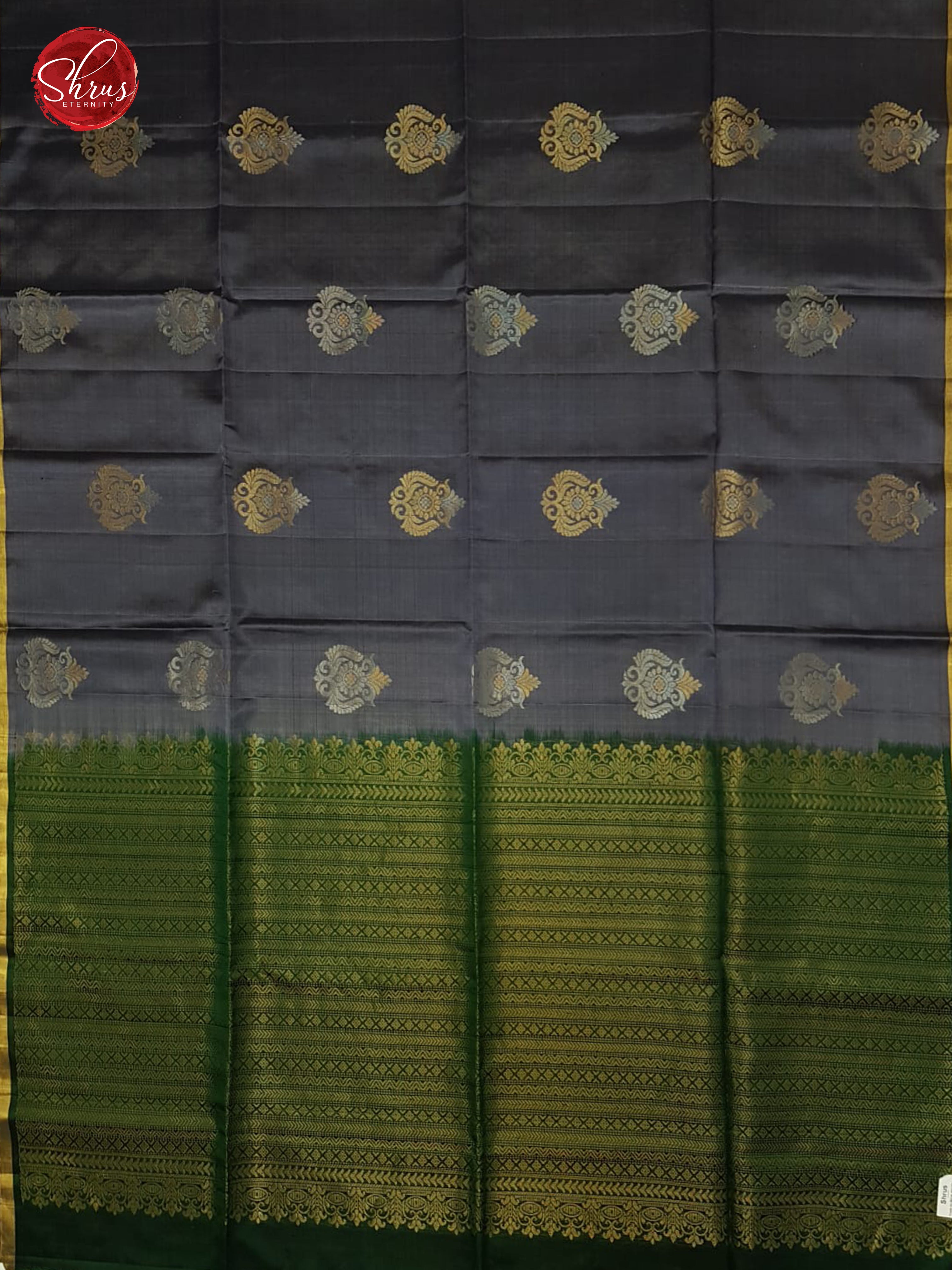 Grey & Green -   Borderless Silk  (half-Pure) with  gold, silver Zari woven   Motifs on the body - Shop on ShrusEternity.com