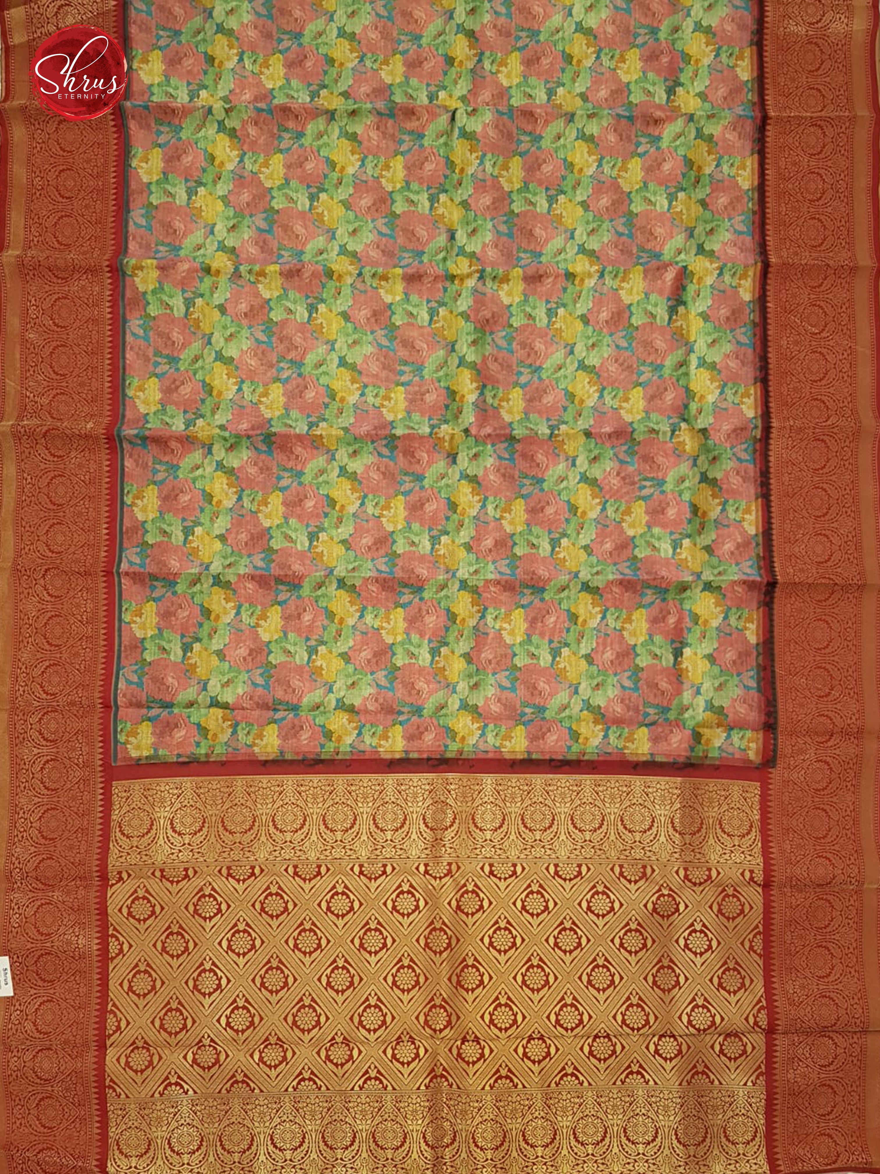 Green & Red -Semi Kanchipuram  Silk with floral pattern on the body & Zari Border - Shop on ShrusEternity.com