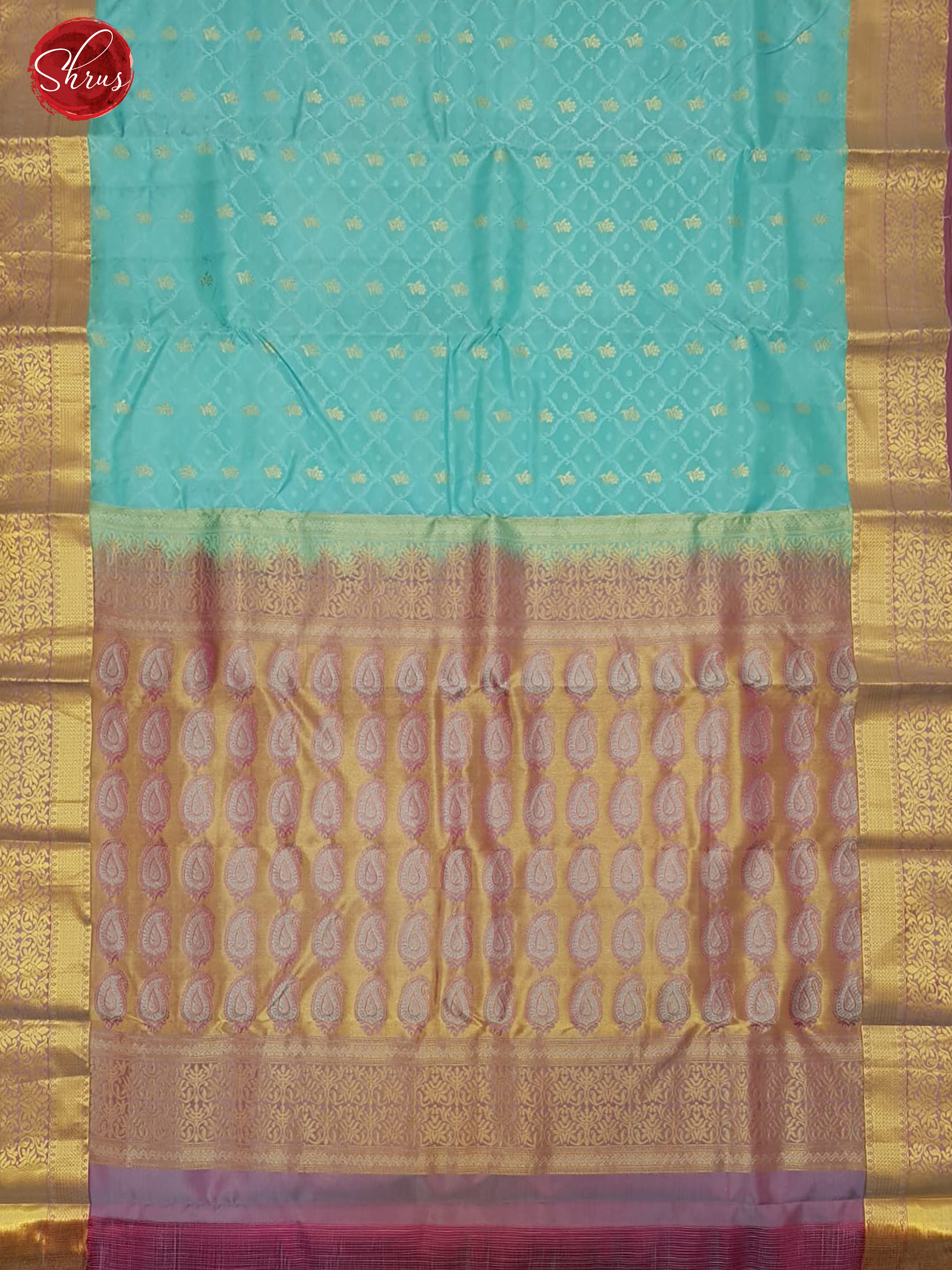 Blue & Pink - Kanchipuram (Half Pure) Sare with zari woven floral buttas , self jacquard  on the body & Contrast Zari Border - Shop on ShrusEternity.com