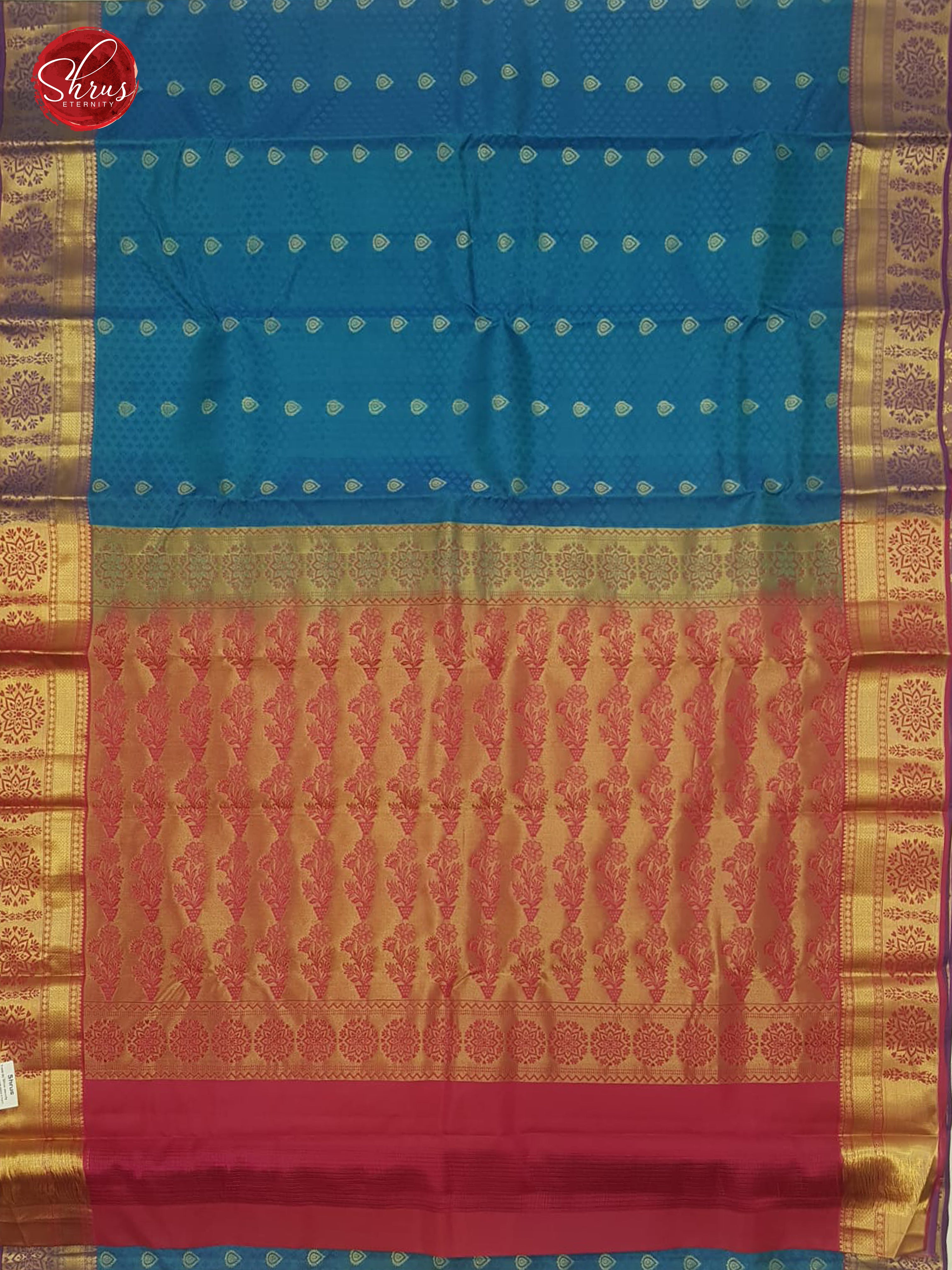 Blue & Pink -  Kanchipuram (Half Pure) Saree with zari woven floral buttas, self Jacquard  on the body & Contrast Zari Border - Shop on ShrusEternity.com