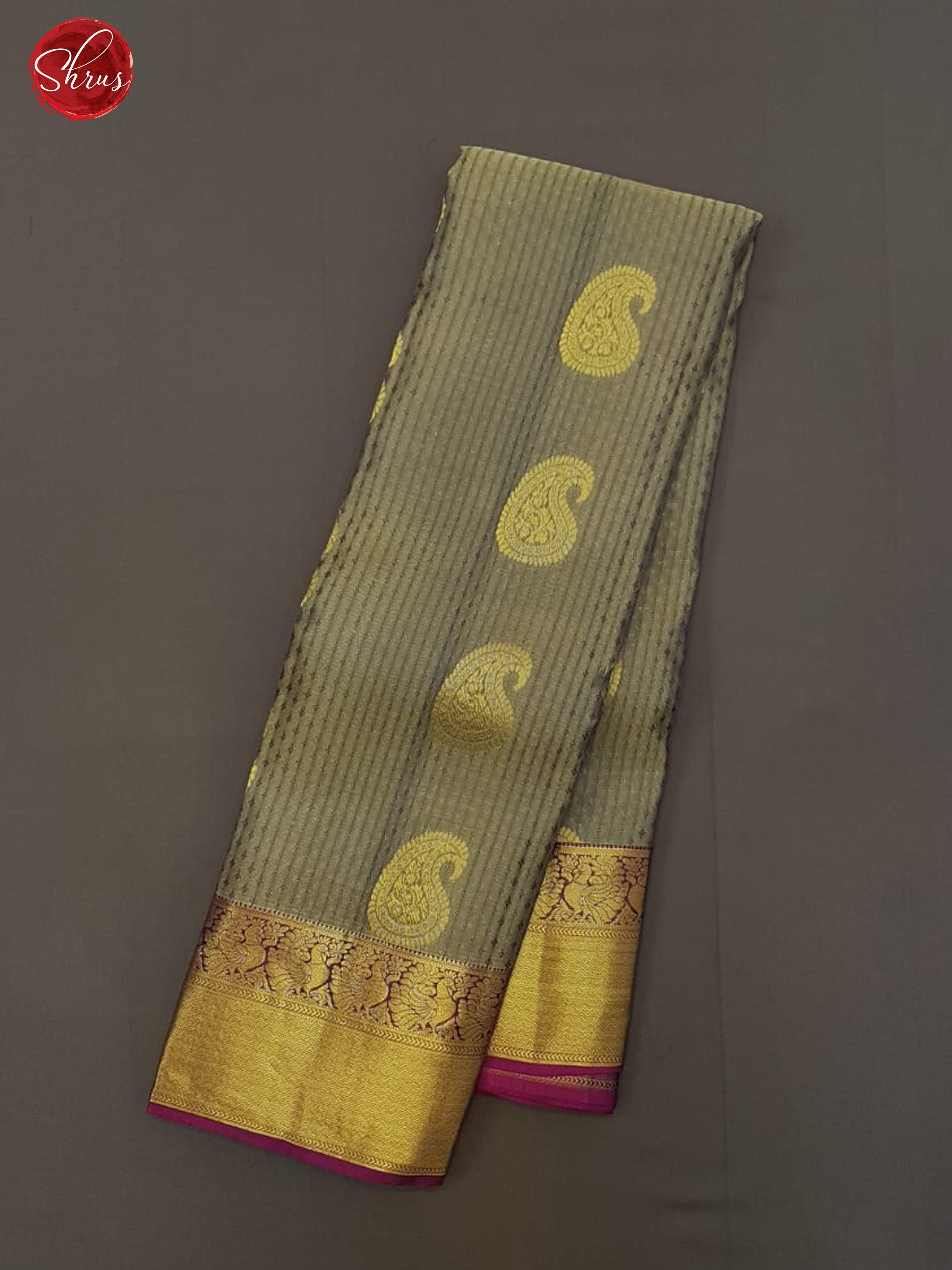 Grey & Purple -Kanchipuram (Half Pure) Saree with zari woven paisleys motifs, self jacquard  on the body & Contrast Zari Border - Shop on ShrusEternity.com