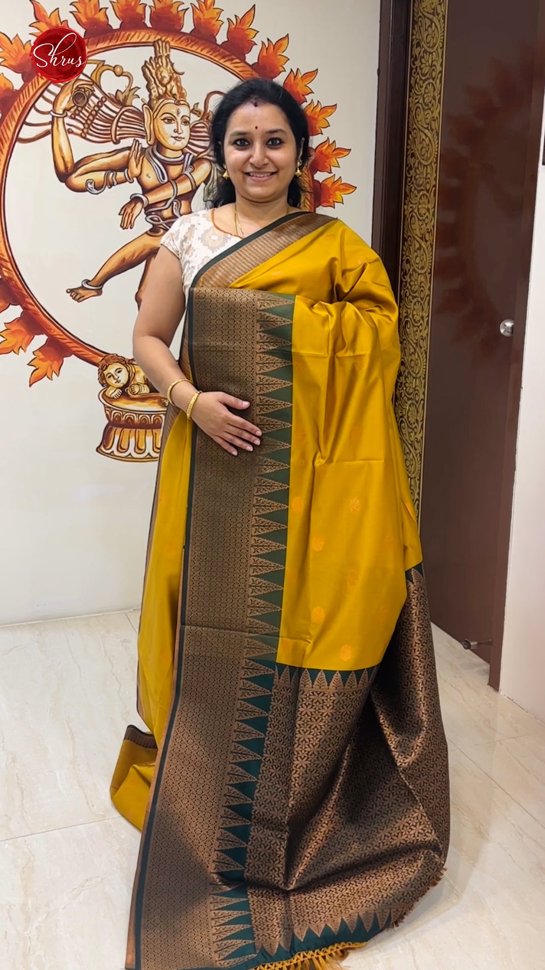 Mustered  with Green - Semi Soft Silk Saree - Shop on ShrusEternity.com