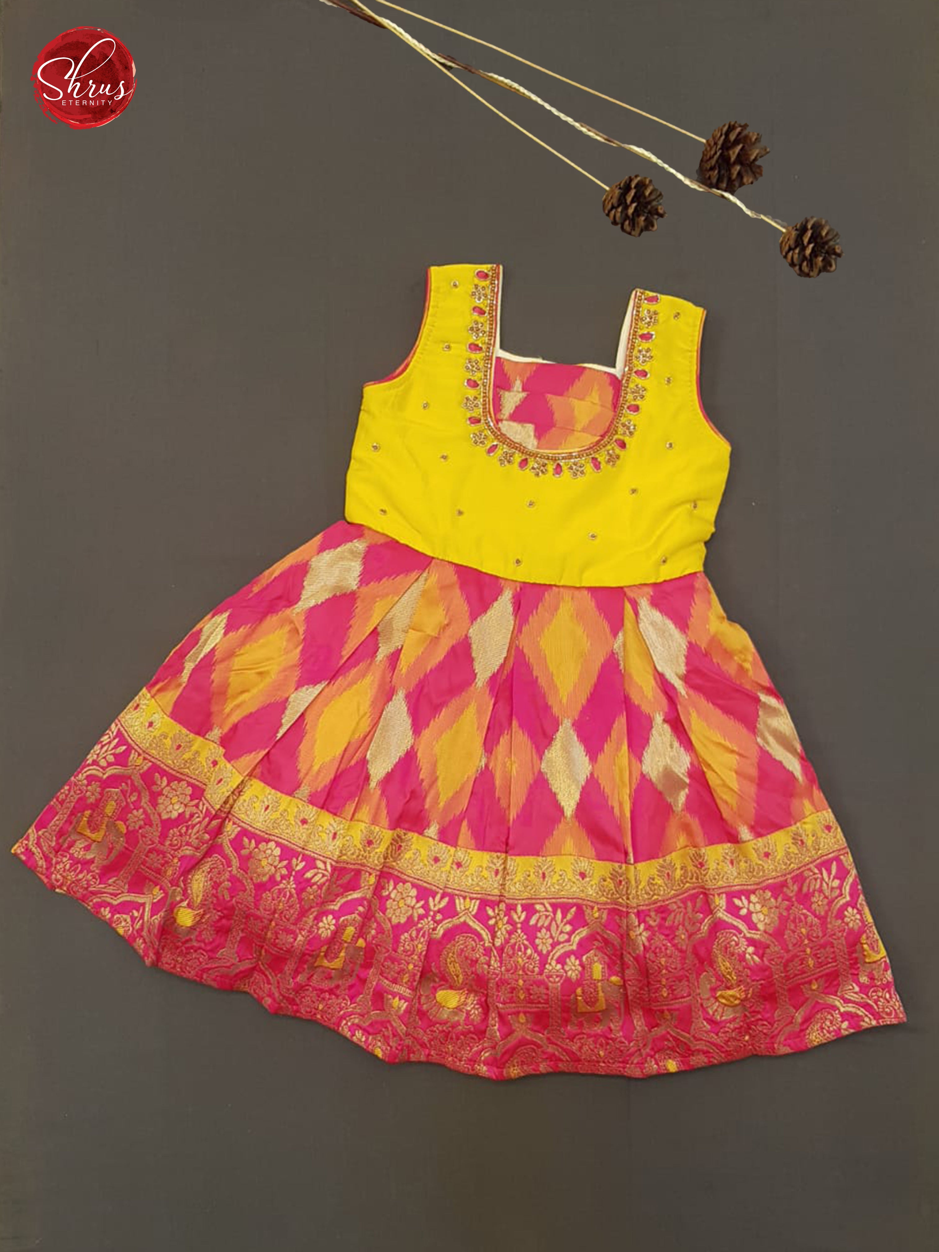Yellow & Pink- Readymade Frock with floral embroidery - Shop on ShrusEternity.com
