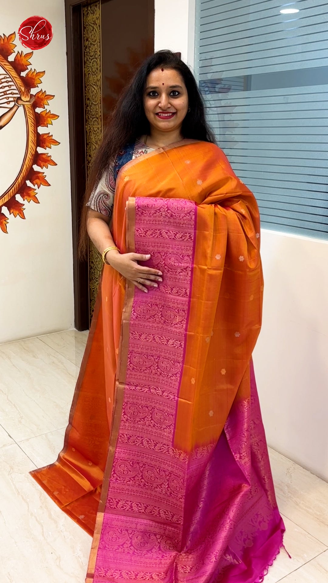 Orange & Pink-Silk(Half Pure) Saree with zari woven  floral buttas on the body & contrast  Zari Border - Shop on ShrusEternity.com