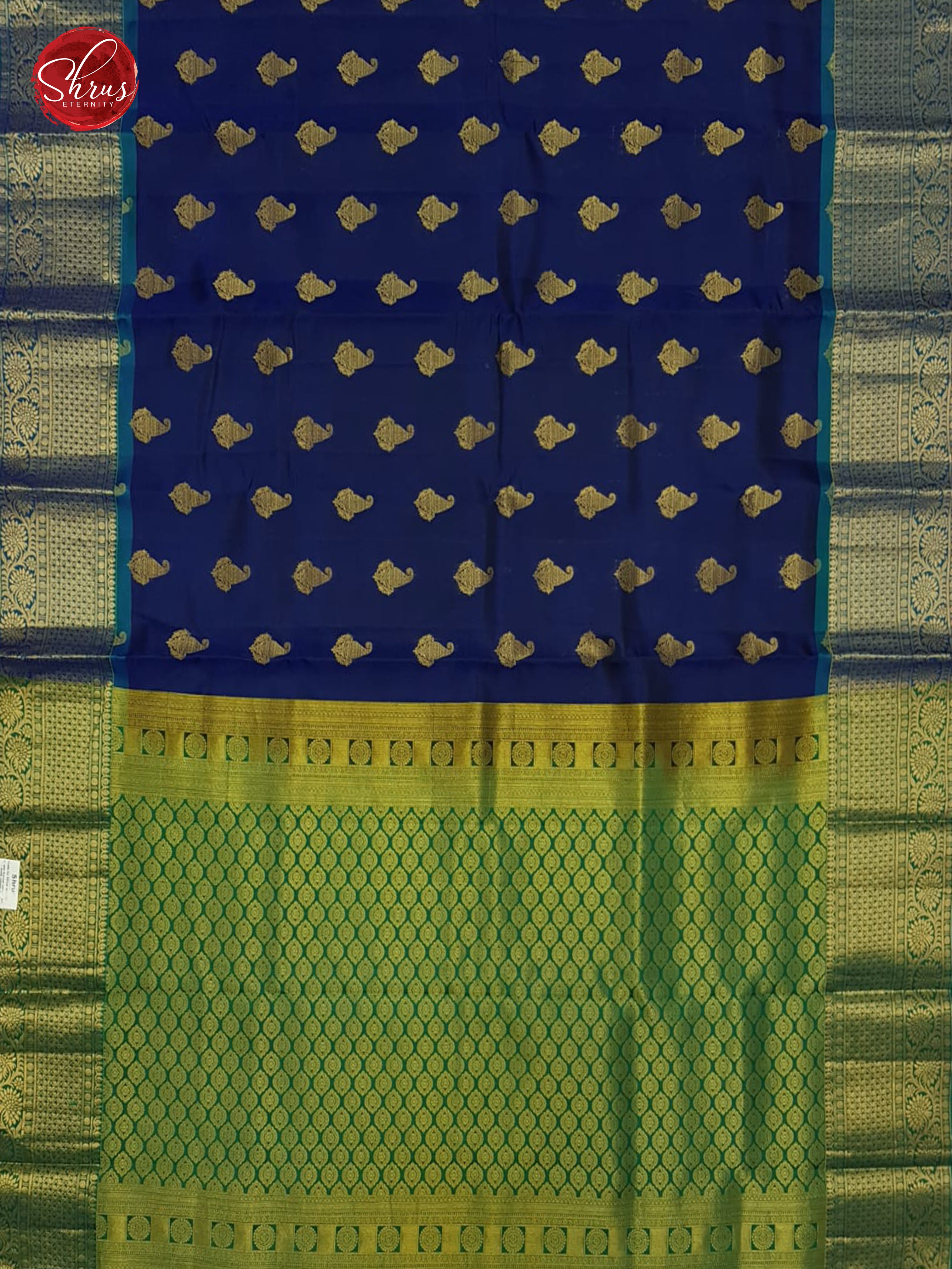 Blue & Green -  Silk(Half Pure) Saree with zari woven floral motifs on the body &  Zari Border - Shop on ShrusEternity.com