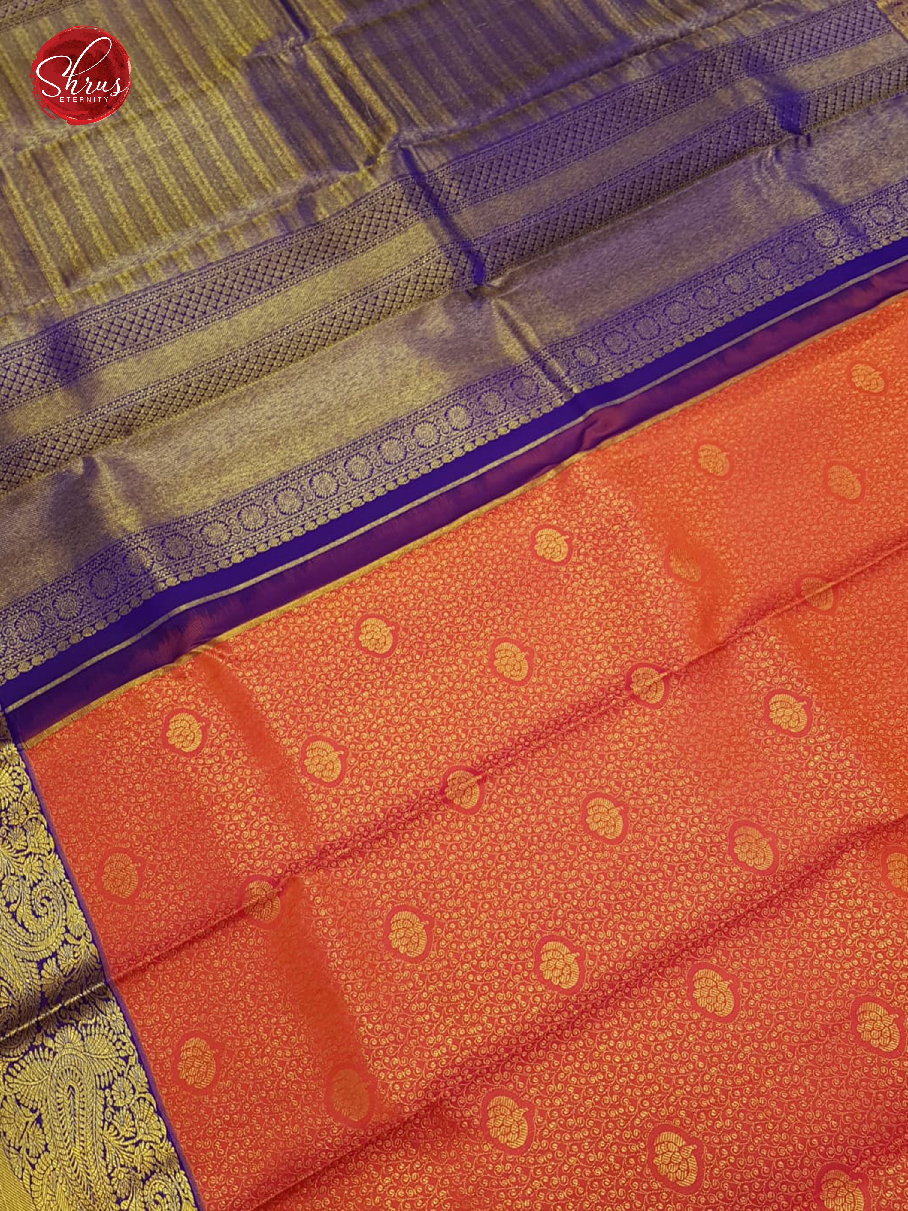 Orangish Pink & Blue - Kanchipuram Silk with Zari brocade on the body & Zari Border - Shop on ShrusEternity.com