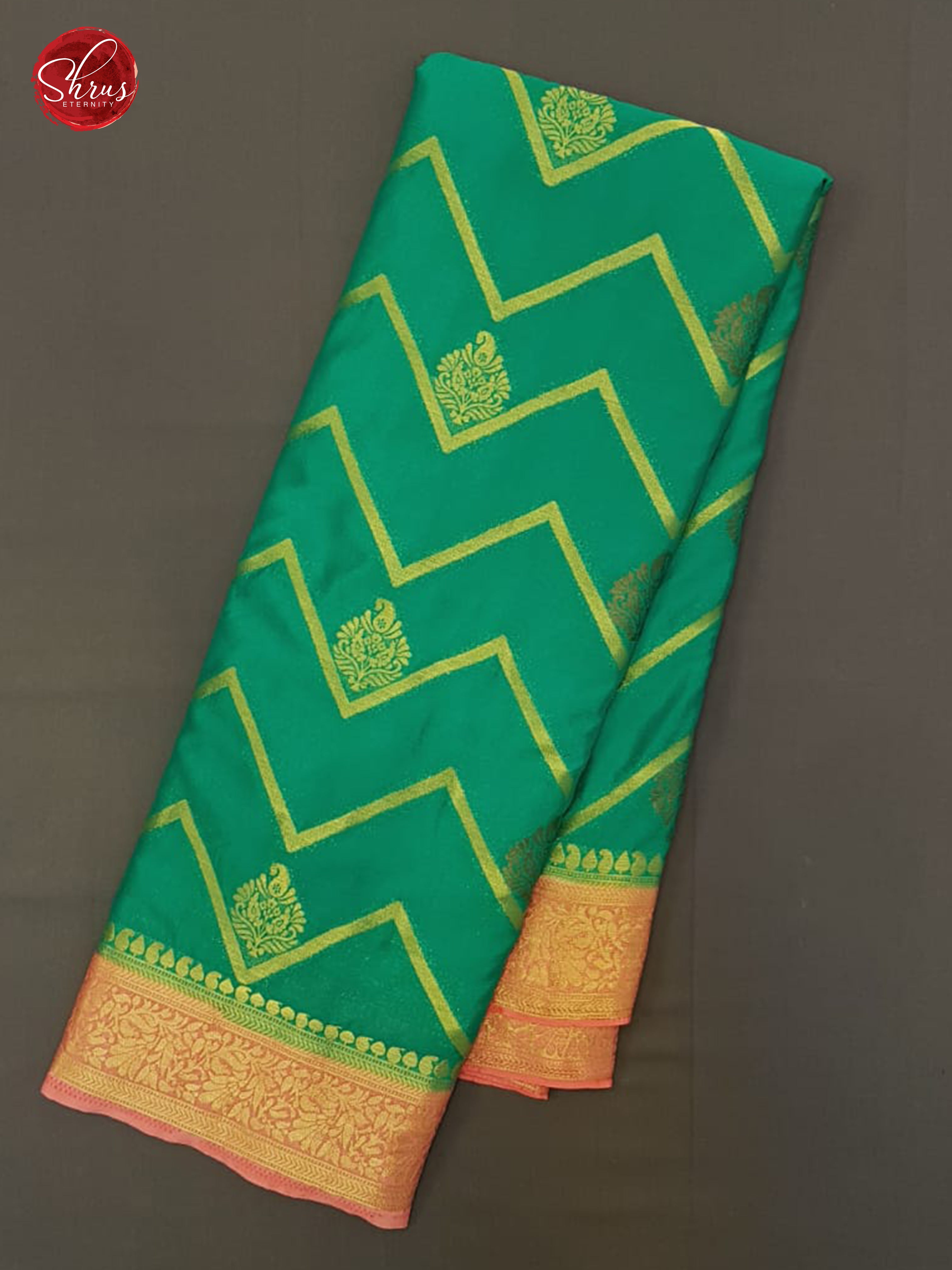 Green & Pink- Semi Mysore Silk with Zari woven floral motifs , wavy Stripes on the body & Gold Zari Border - Shop on ShrusEternity.com
