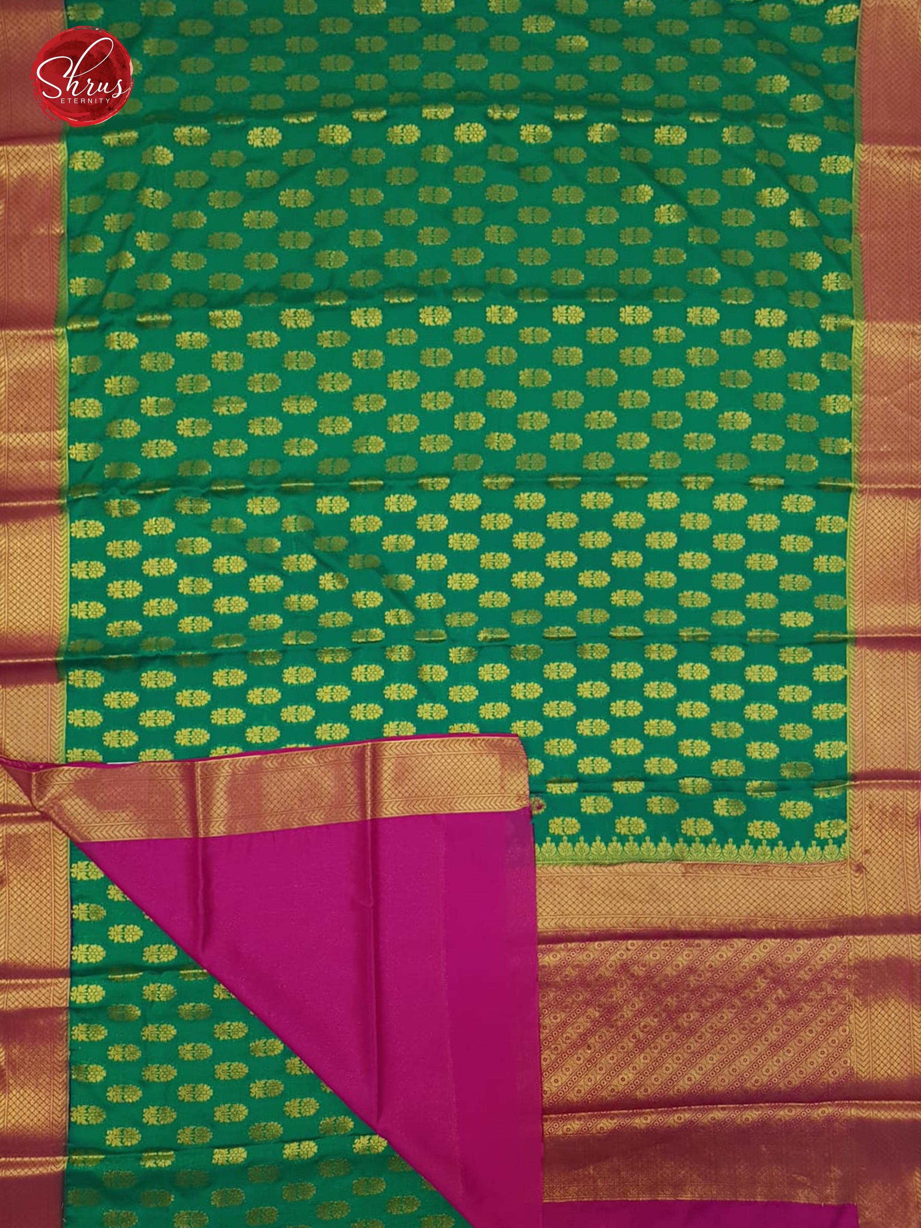 Green & Pink -Semi Mysore Silk with Zari woven floral motifs on the body & Gold Zari Border - Shop on ShrusEternity.com