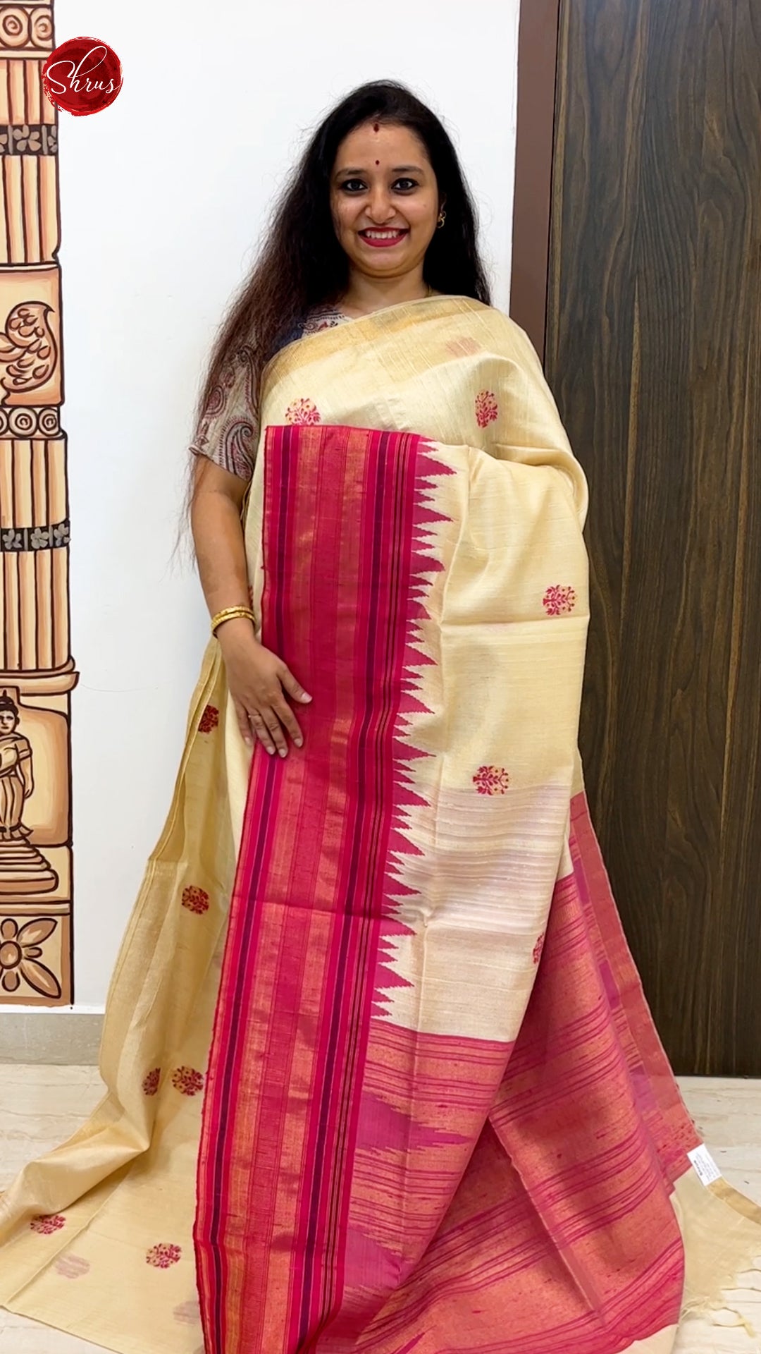 Cream & Pink - Raw Silk with thread woven buttas on the body & contrast zari border - Shop on ShrusEternity.com