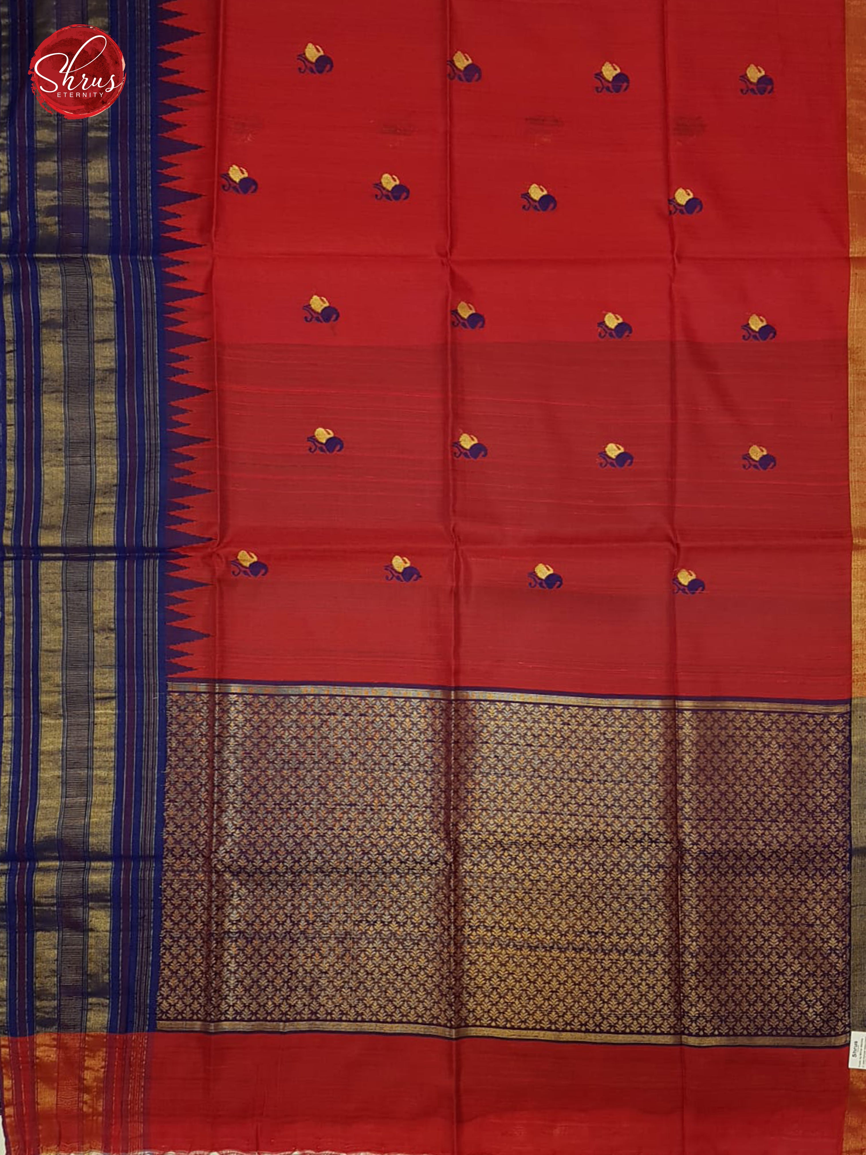 Red & Blue - Raw Silk with thread woven buttas on the body & contrast zari border - Shop on ShrusEternity.com