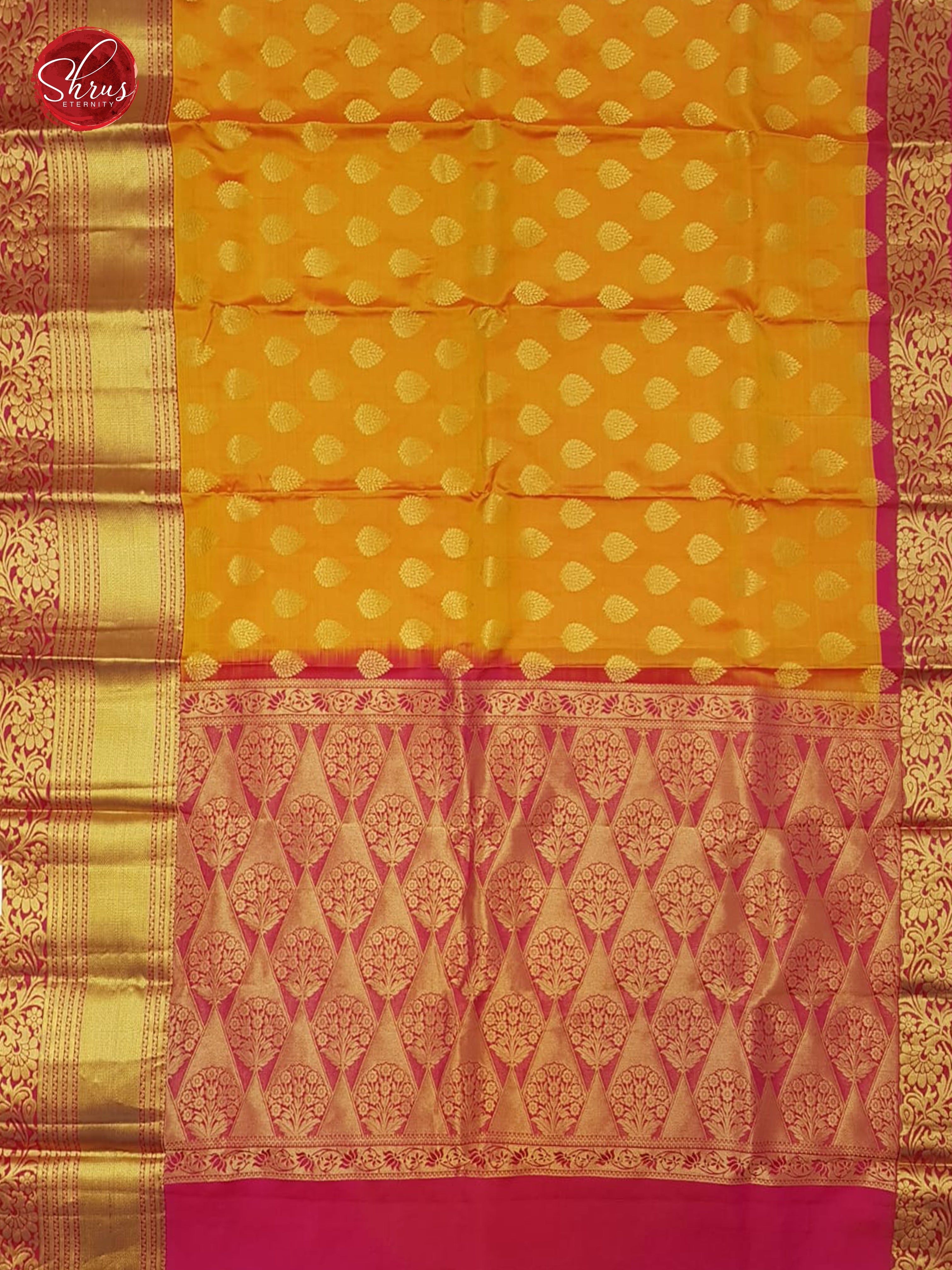 Orange & Pink-  Kanchipuram (Half Pure) Saree with zari woven floral motifs on the body &   Zari Border - Shop on ShrusEternity.com