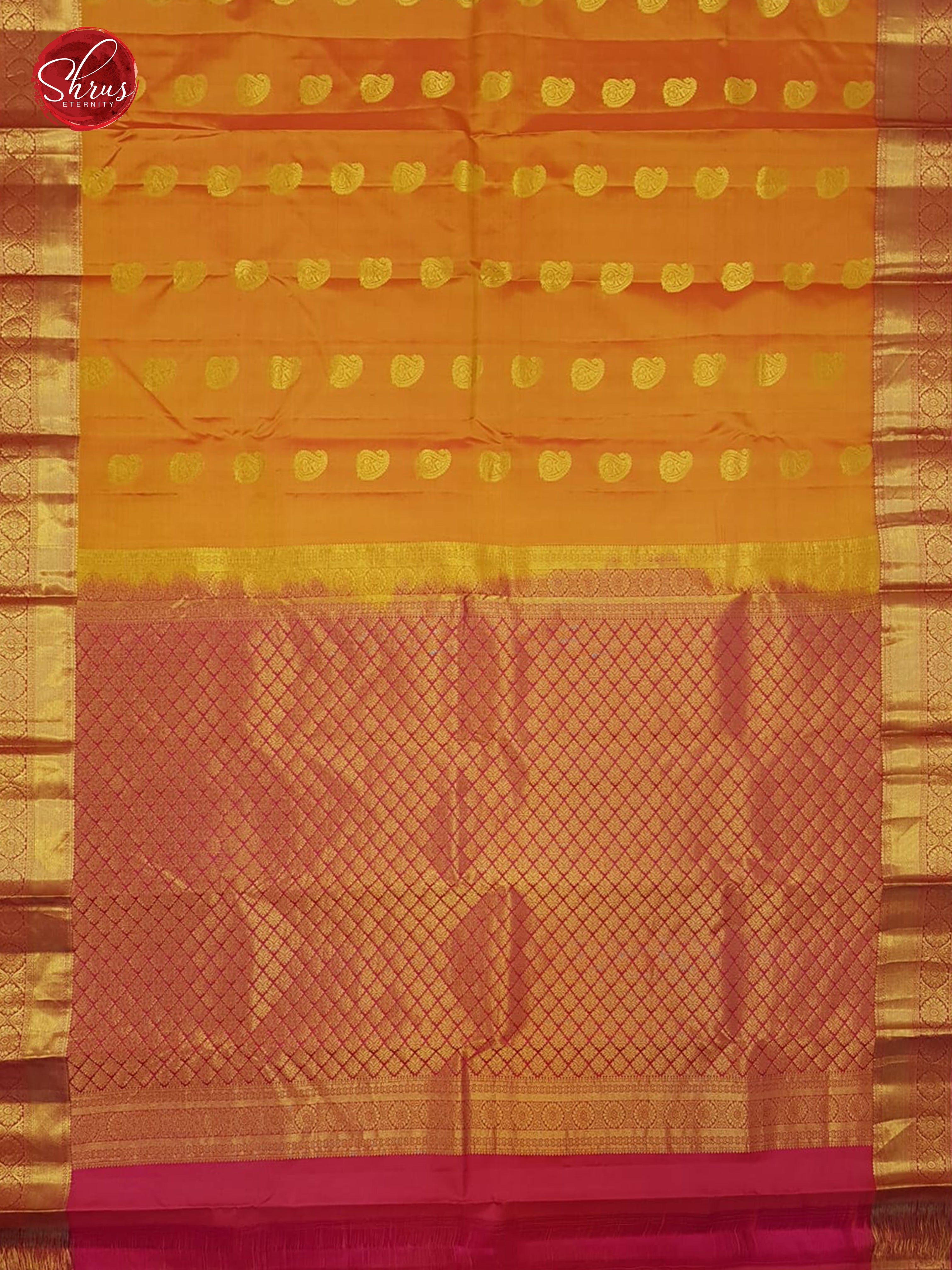 Orange and Pink -Kanchipuram (Half Pure) Saree with zari woven paisleys motifs on the body &  contrast Zari Border - Shop on ShrusEternity.com
