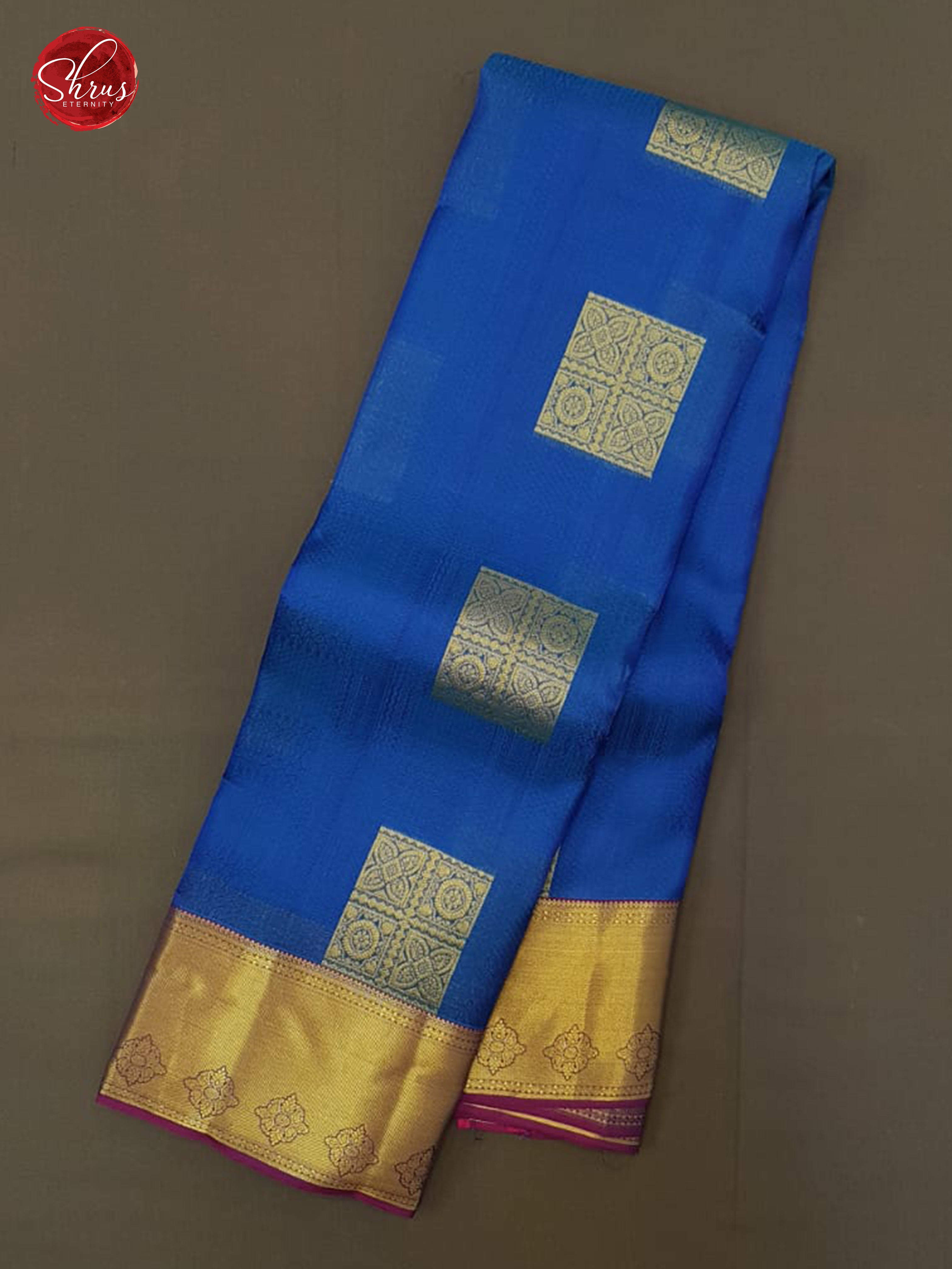 Blue and Purple -Kanchipuram (Half Pure) Saree with zari woven floral block motifs on the body &  contrast Zari Border - Shop on ShrusEternity.com