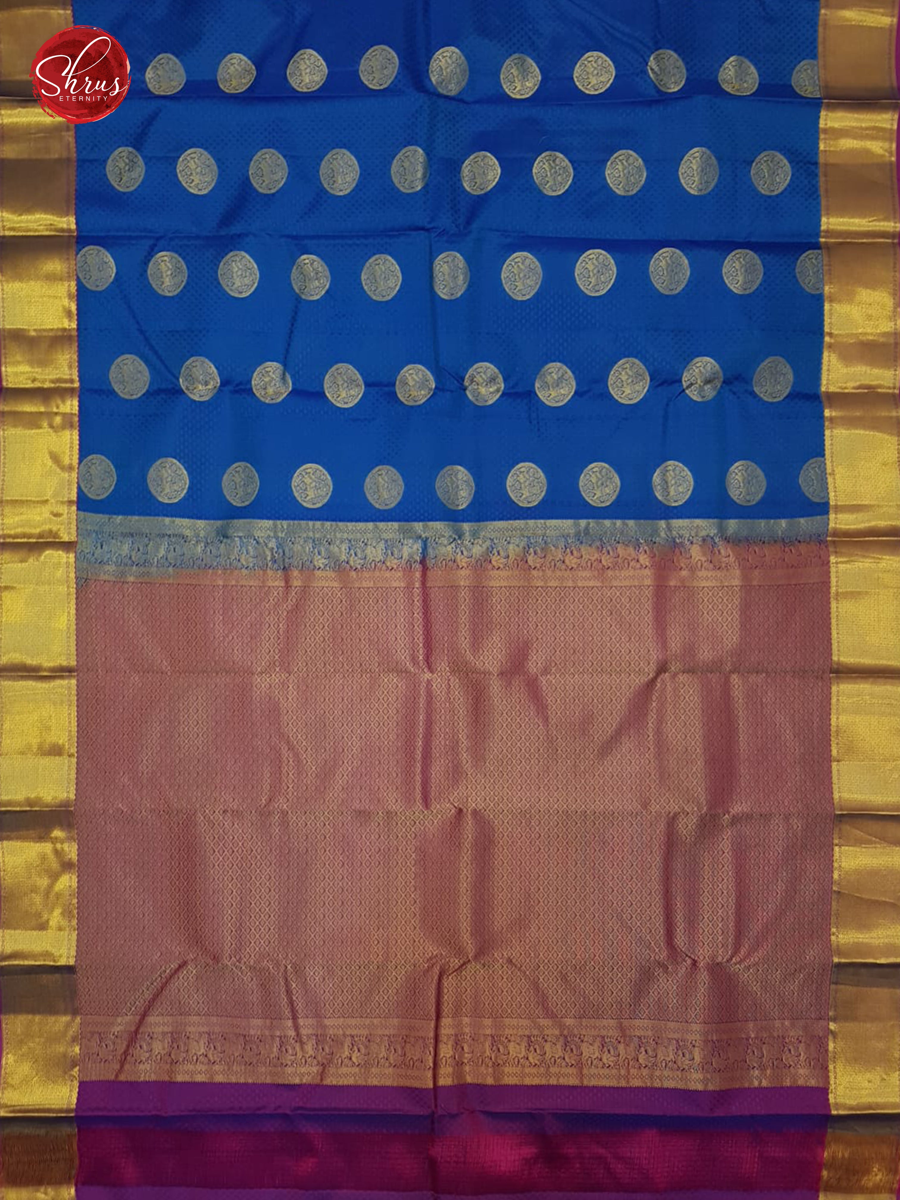 Blue and Purple -Kanchipuram (Half Pure) Saree with zari woven yellis in circle motifs , self jacquard on the body &  contrast Zari Border - Shop on ShrusEternity.com