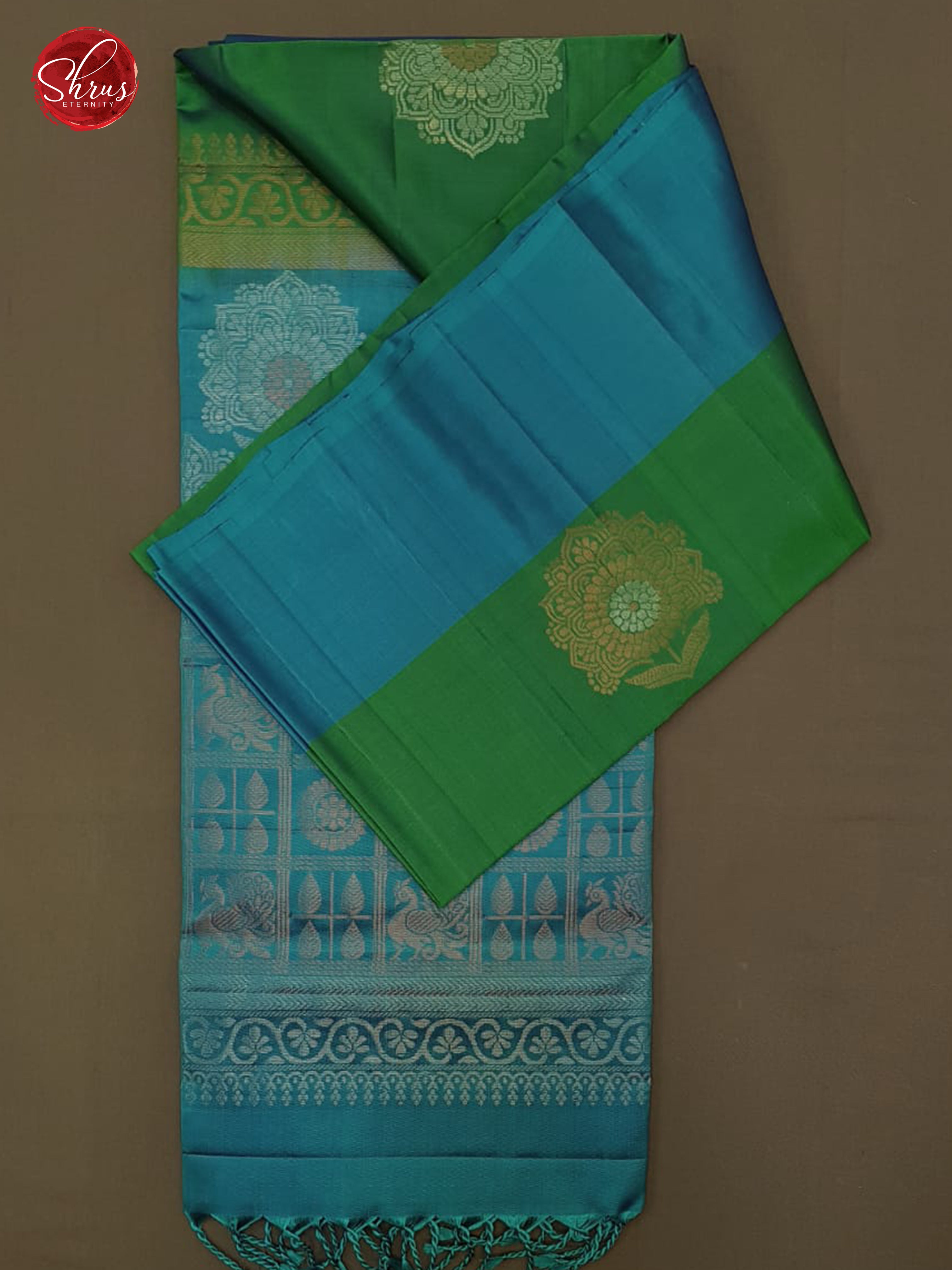 Green & Blue-  Silk(Half Pure) Saree with zari woven floral motifs on the body &  contrast Border - Shop on ShrusEternity.com