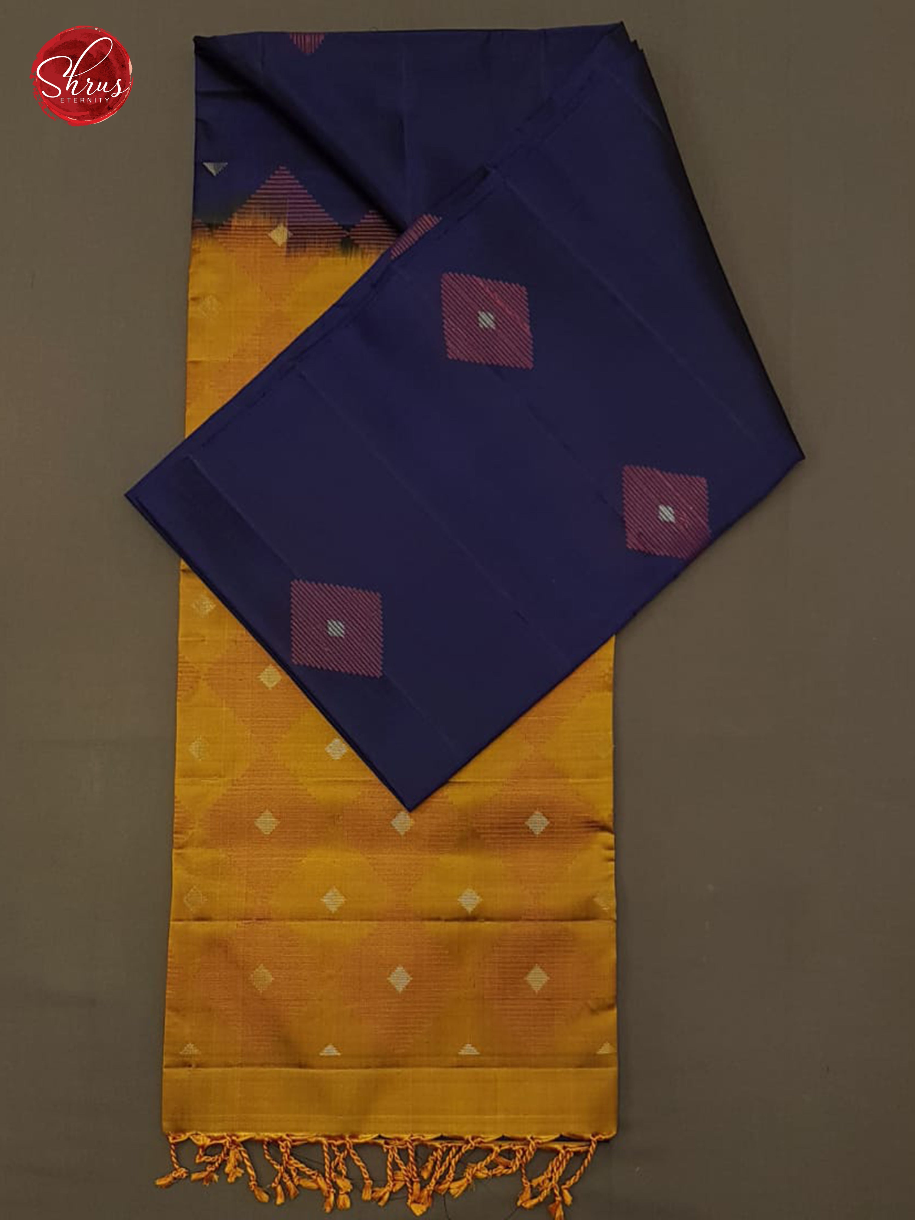 Blue & Mustard- Borderless  Silk  (half-Pure) with  Zari woven  floral motifs  on the body - Shop on ShrusEternity.com