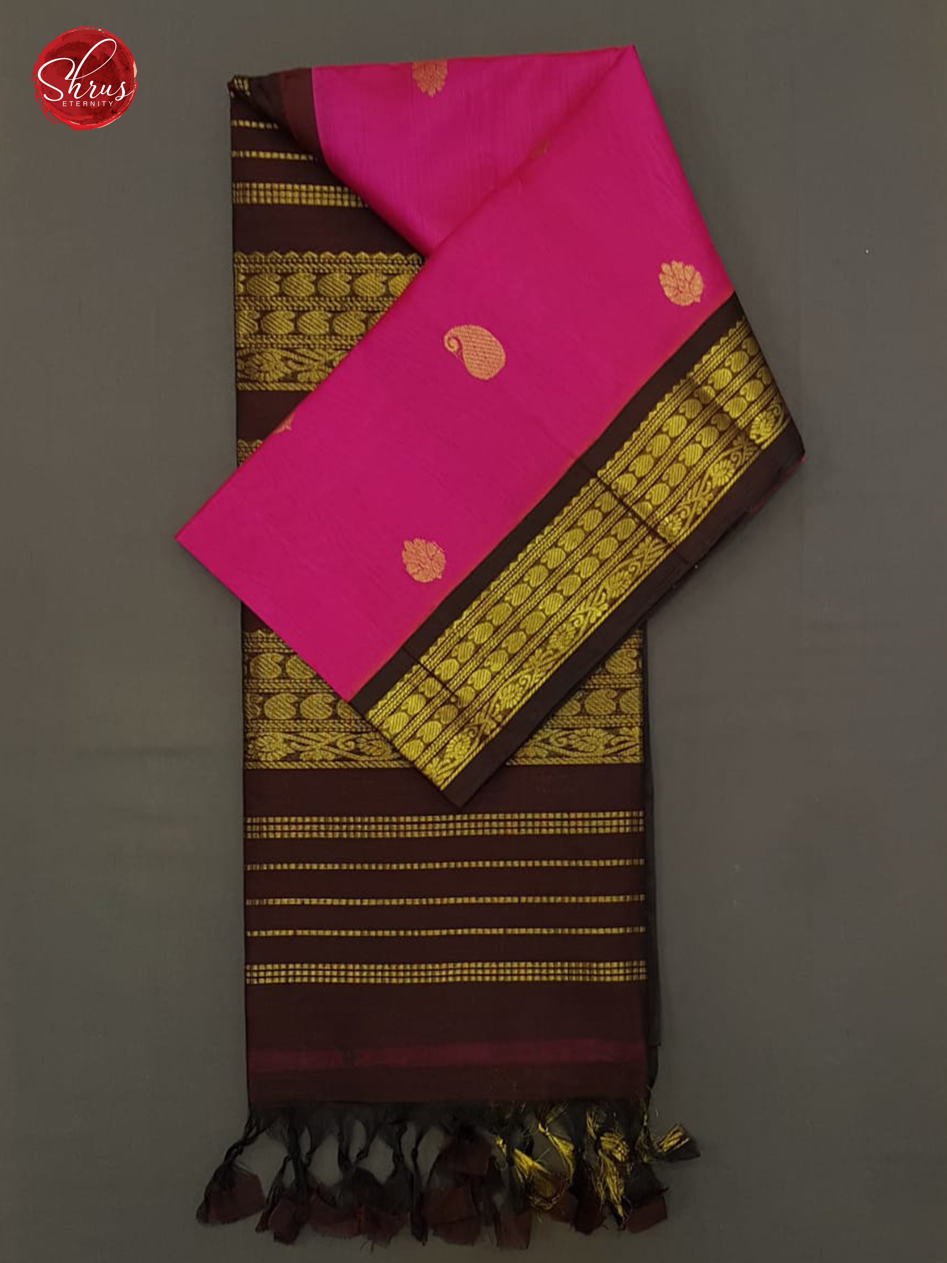 Pink & Brown -  Silk Cotton with zari woven manga buttas on the Body & Contrast Gold Zari Border - Shop on ShrusEternity.com