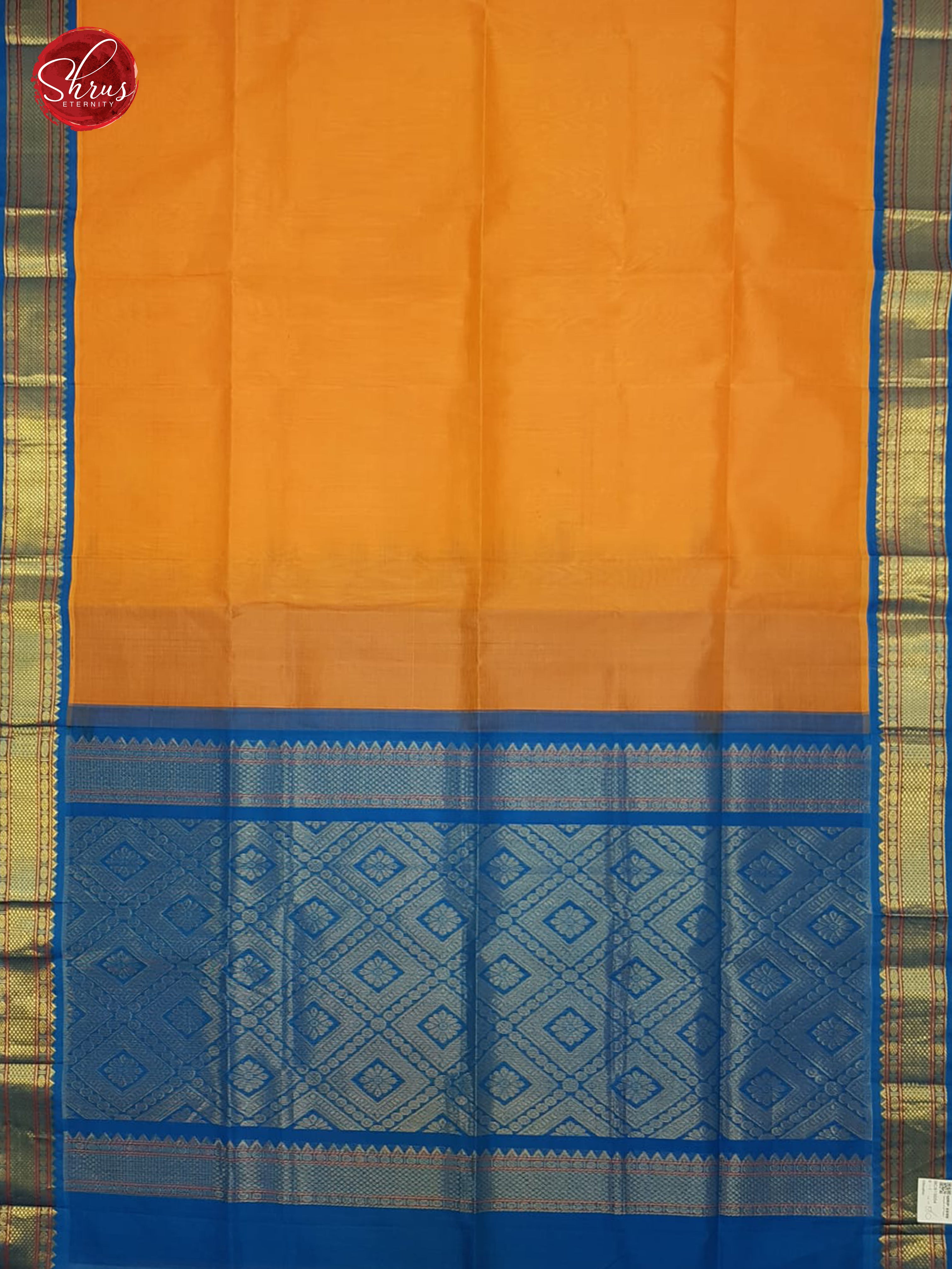Orange & Blue - Silk Cotton with plain Body & contrast  Gold Zari Border - Shop on ShrusEternity.com