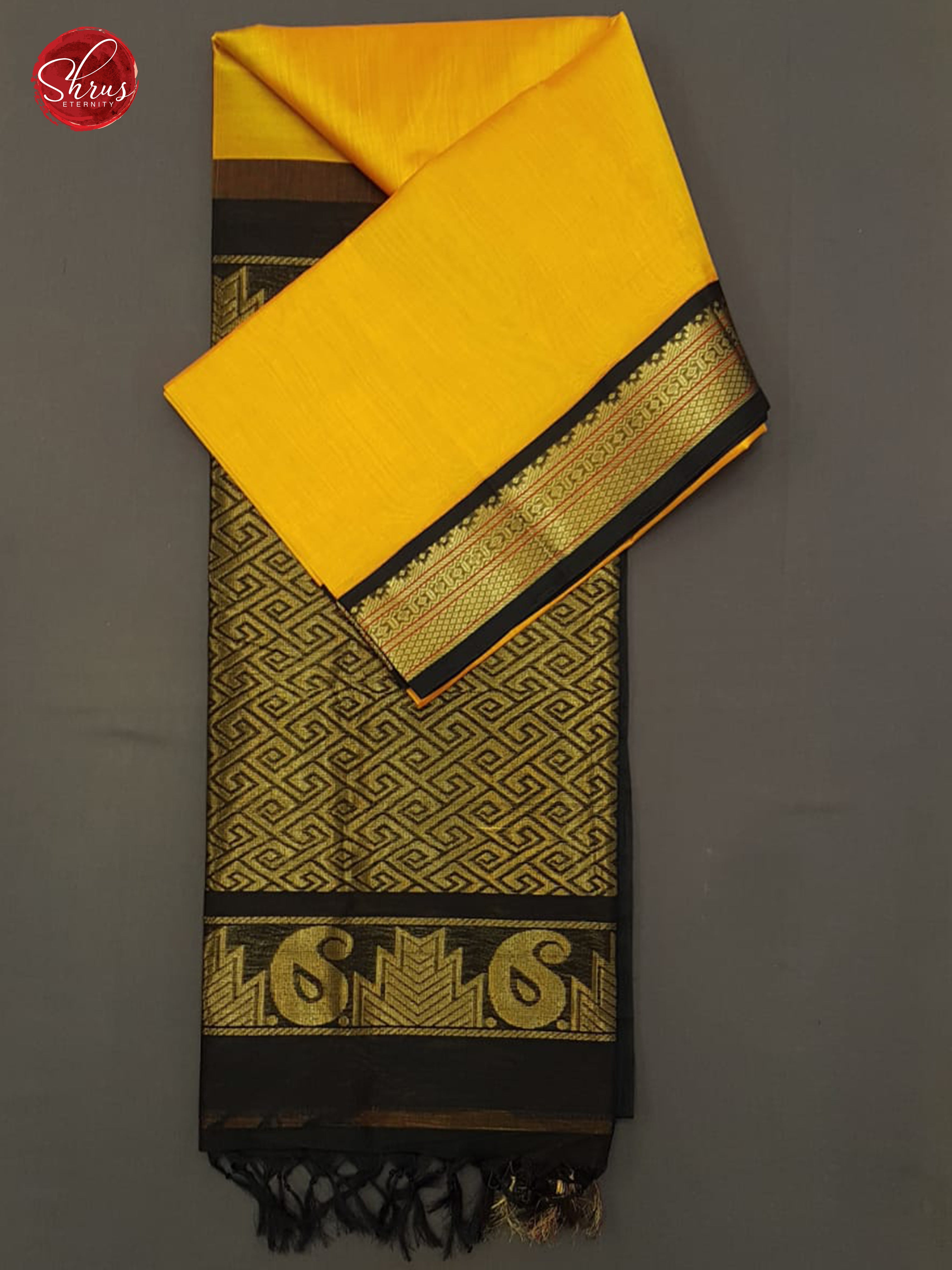 Mambala Yellow & Black -  Silk Cotton with plain Body & Contrast Gold Zari Border - Shop on ShrusEternity.com
