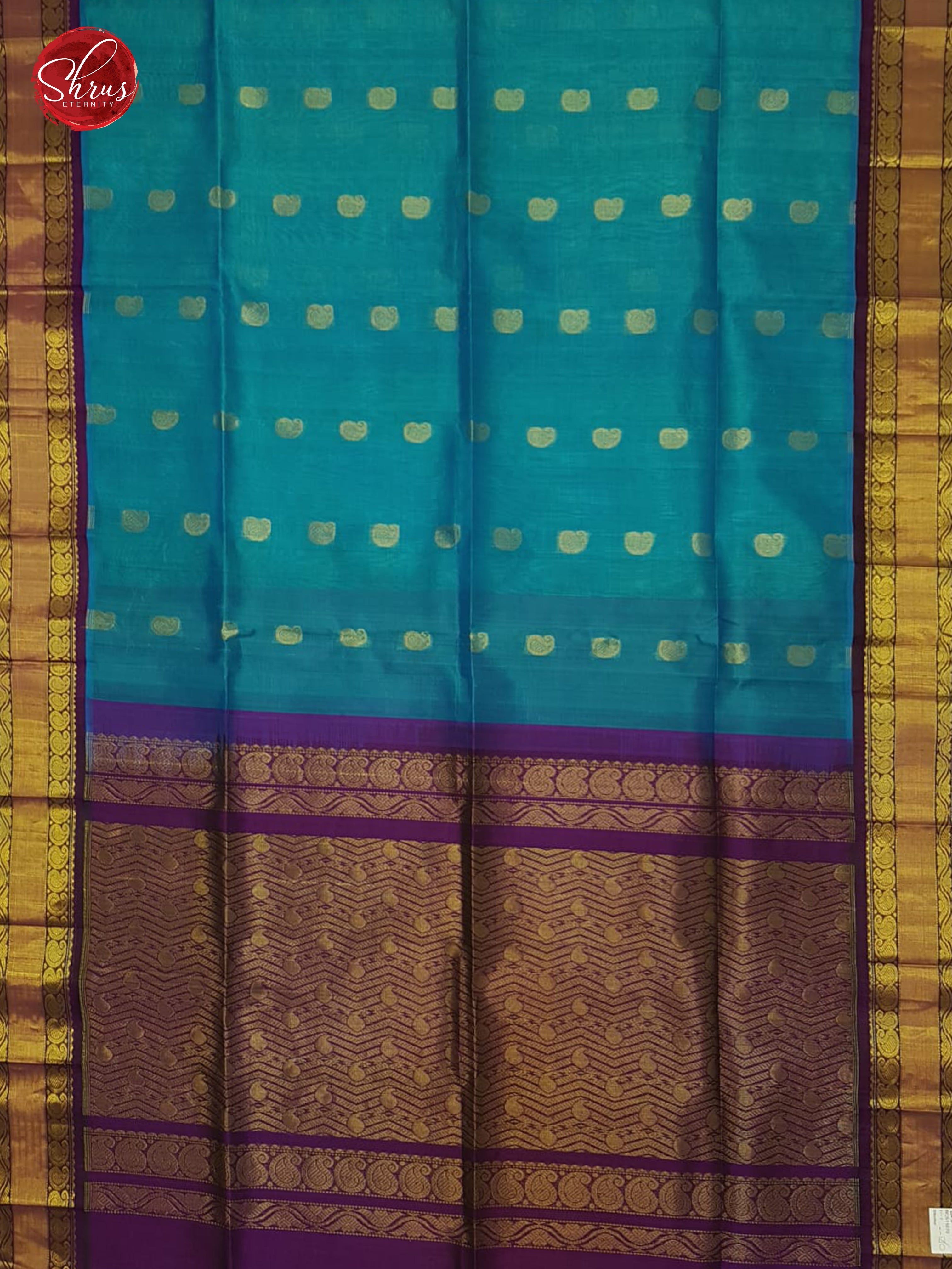 Blue  & Violet - Silk Cotton with zai woven paisleys buttas on the  Body & Contrast Gold Zari Border - Shop on ShrusEternity.com