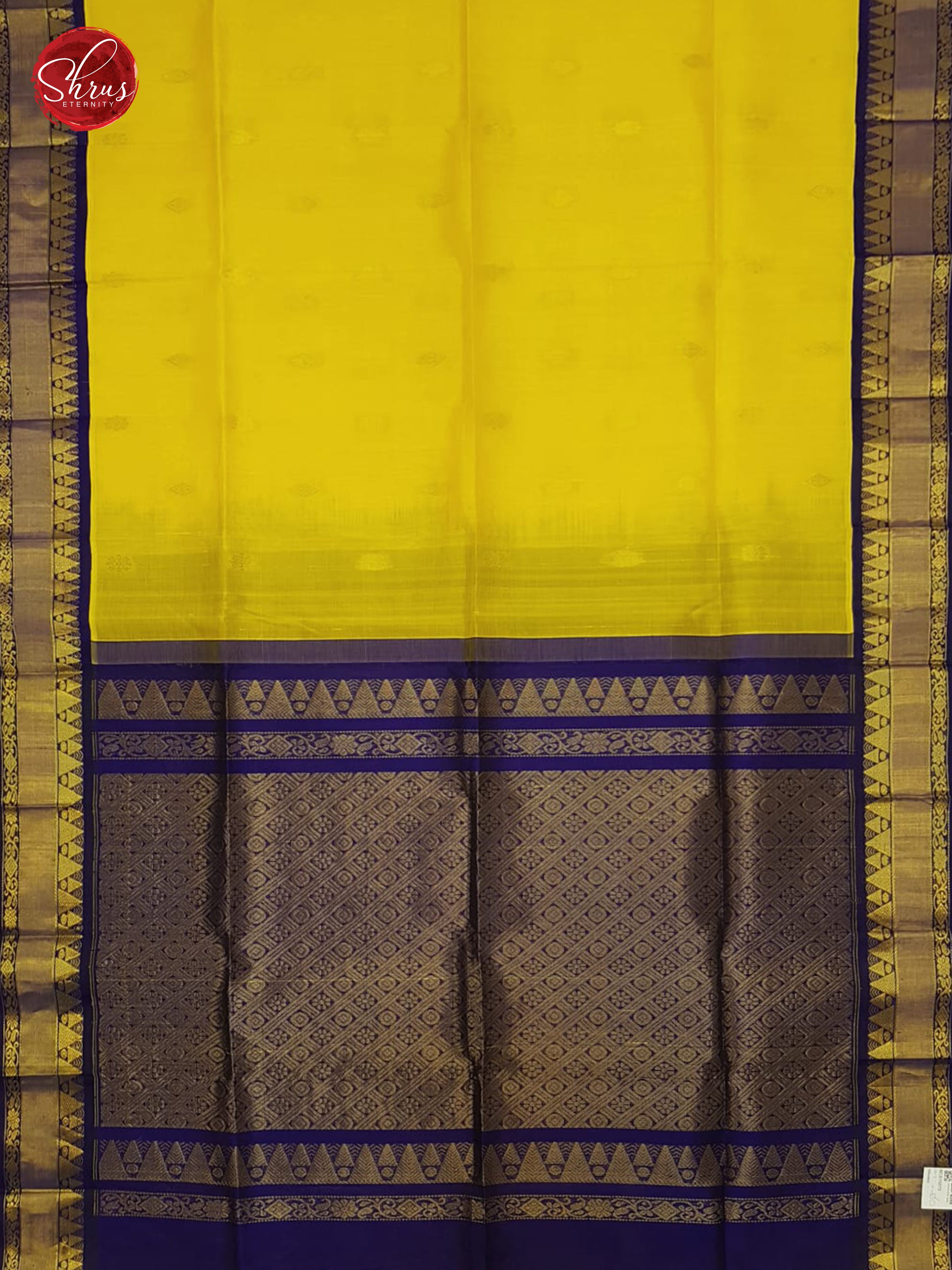 Yellow & Blue- Silk Cotton with plain Body & Contrast Gold Zari Border - Shop on ShrusEternity.com