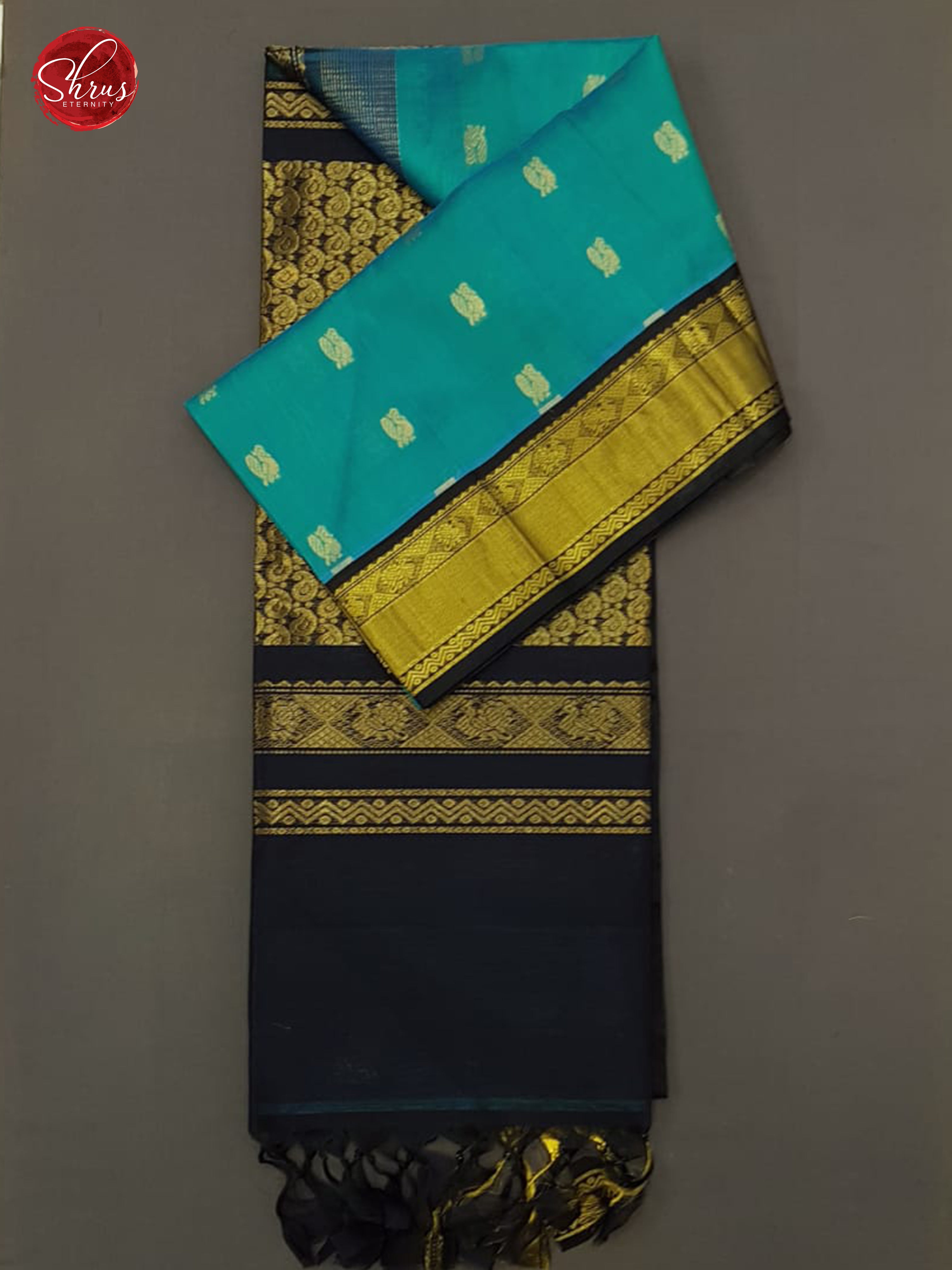 Green & Navy Blue -  Silk Cotton with zari woven peacock buttas on the  body & Contrast Zari Border - Shop on ShrusEternity.com