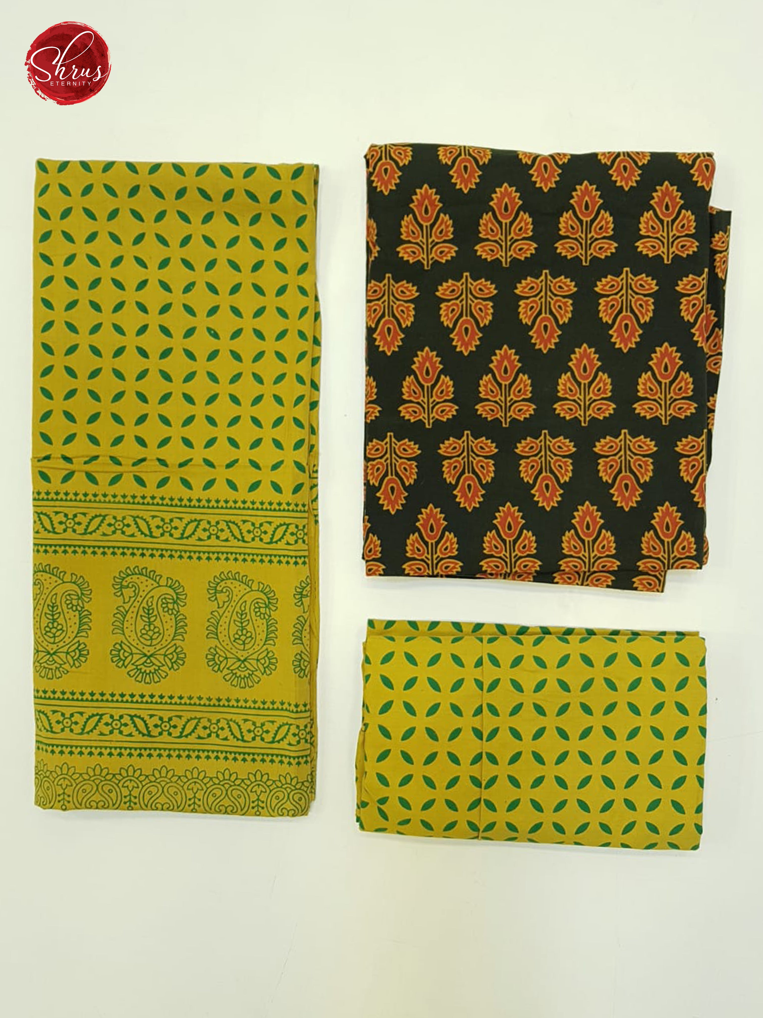 Green & Yellow -  Ajrakh suit with floral block print on the tops(In all suits the left part is the Dupatta , Top right pic is top and Bottom Right is the bottom) - Shop on ShrusEternity.com