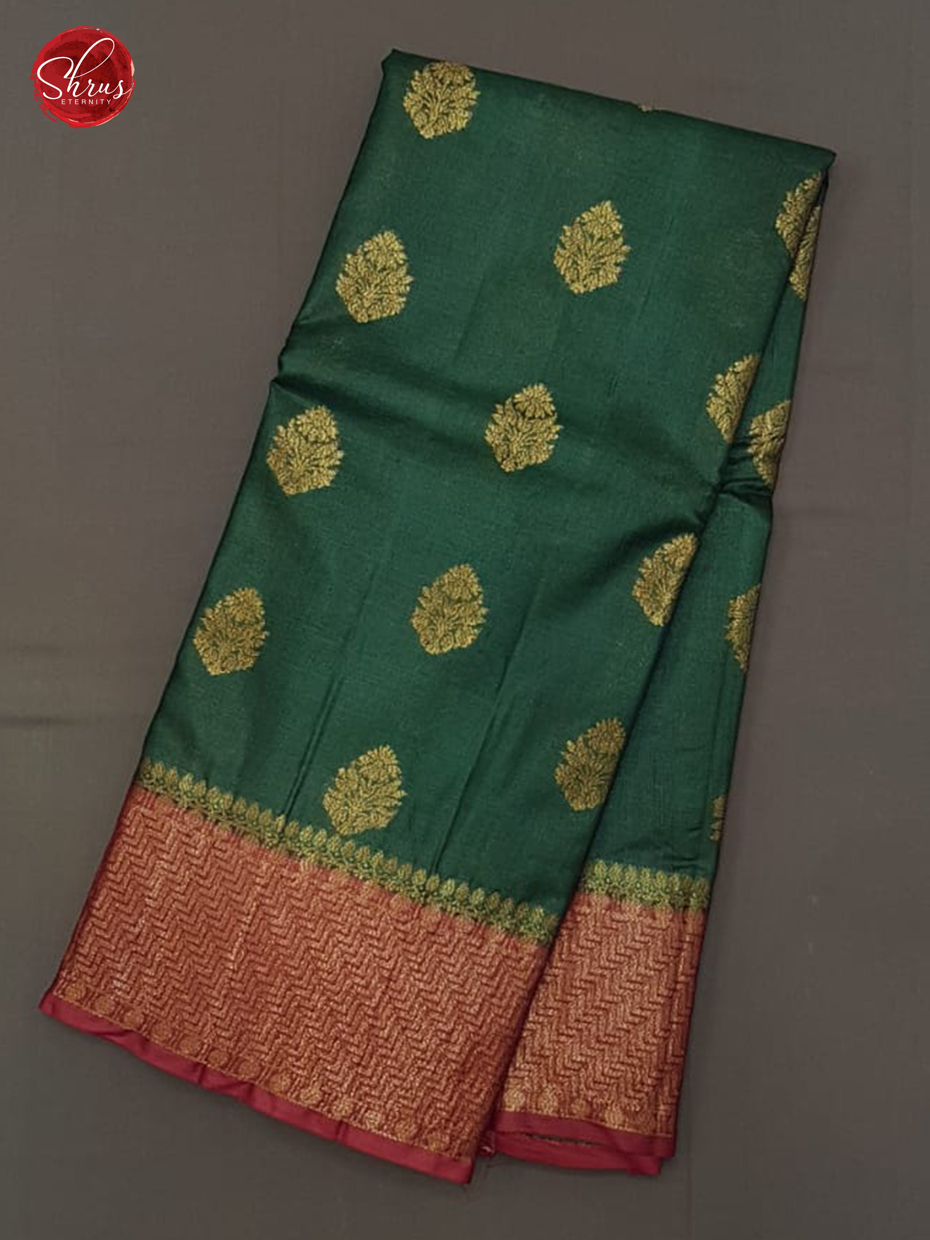 Green  & Red -Tussar with zari woven floral buttas on the body & Zari Border - Shop on ShrusEternity.com