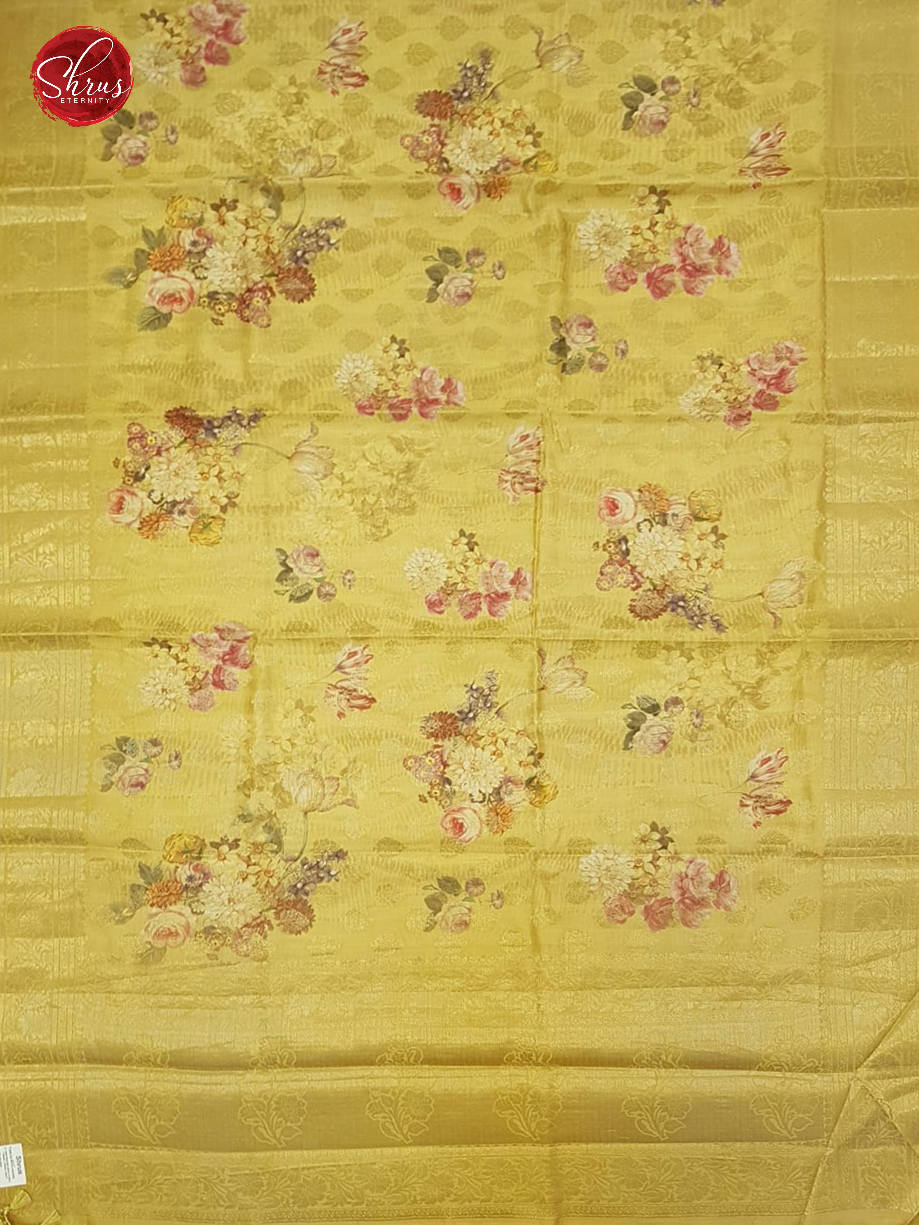 Yellow (Single Tone)-Tussar with floral print , zari motifs on the body& Zari Border - Shop on ShrusEternity.com