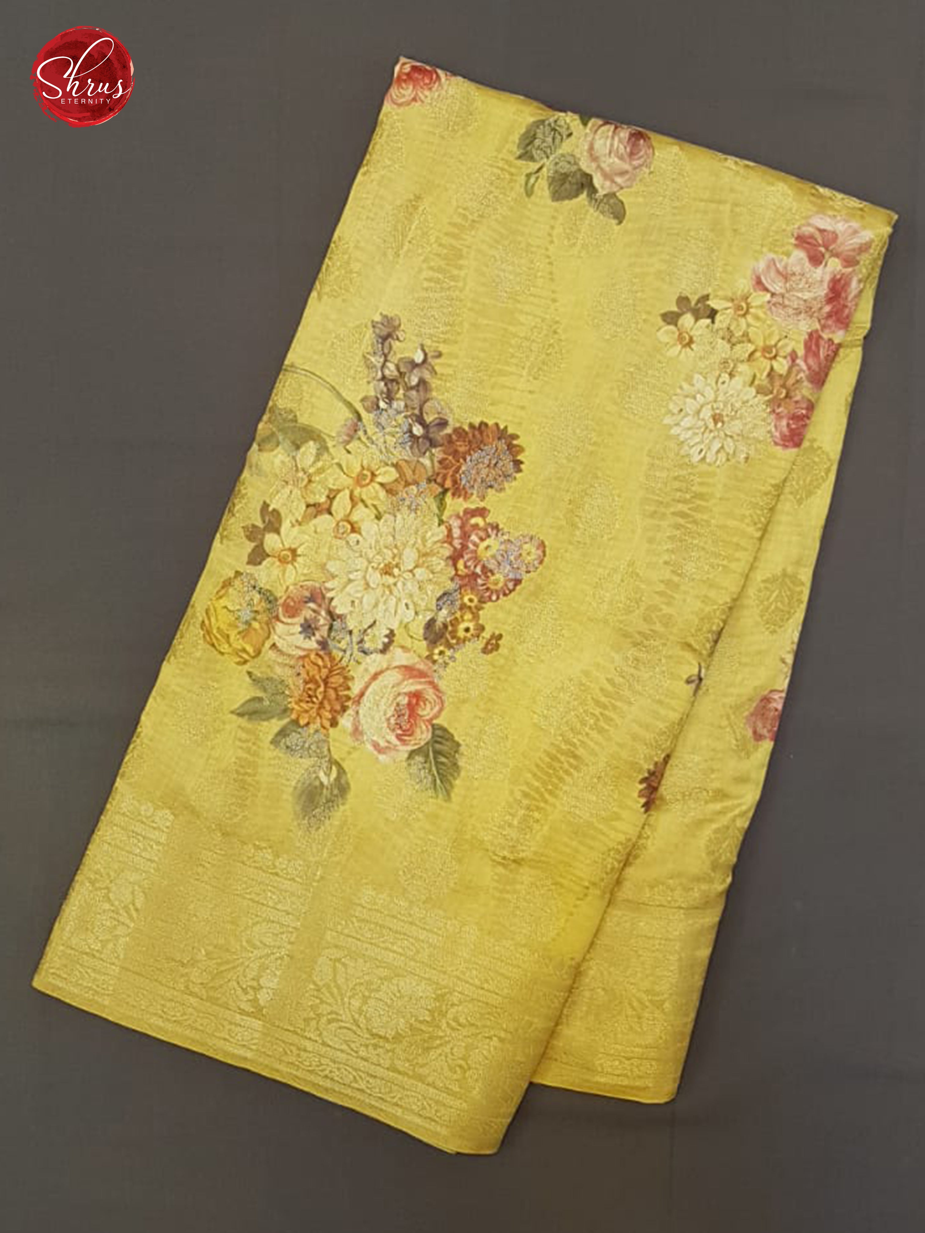 Yellow (Single Tone)-Tussar with floral print , zari motifs on the body& Zari Border - Shop on ShrusEternity.com