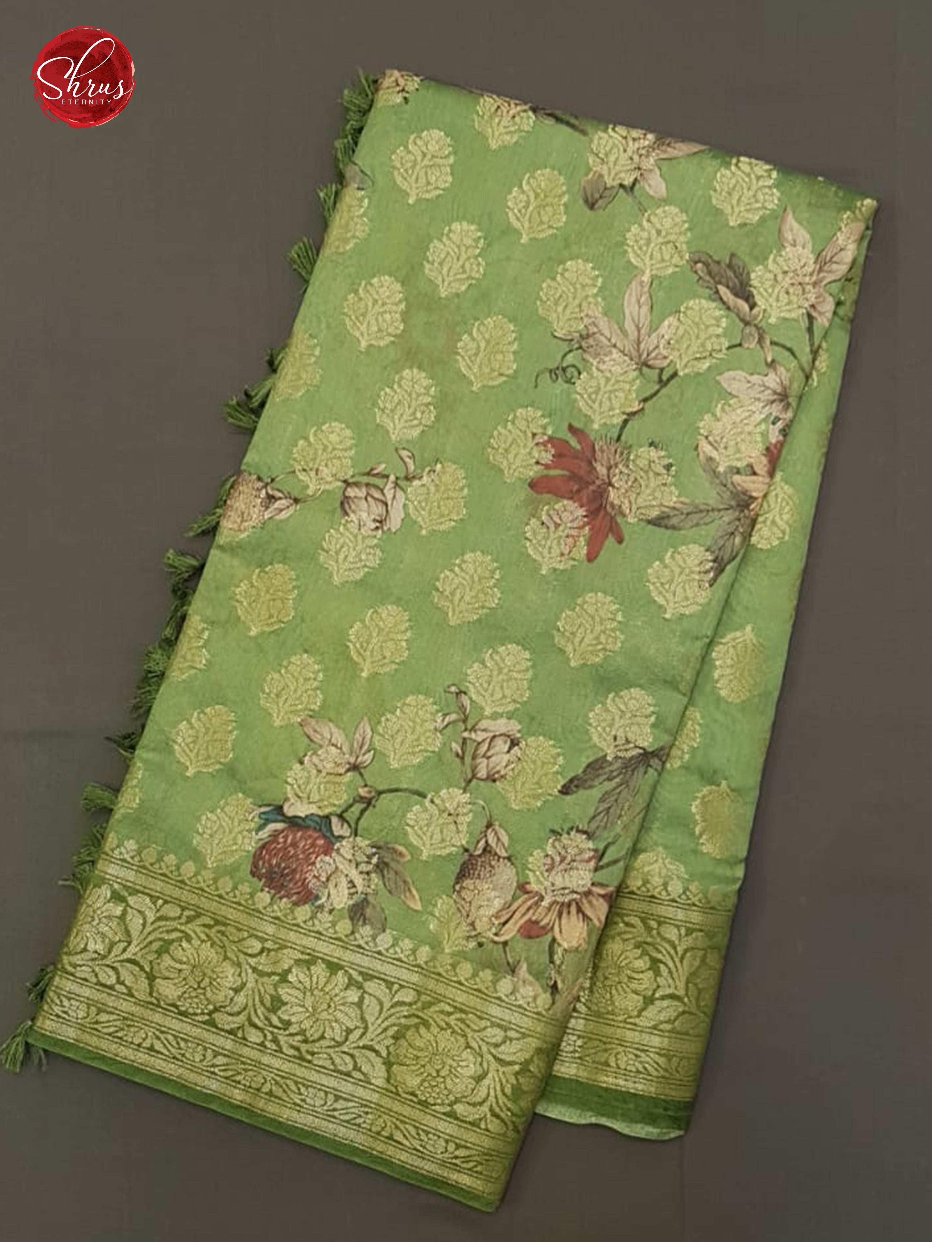 Green(Single Tone)-Tussar with floral print , zari motifs on the body& Zari Border - Shop on ShrusEternity.com