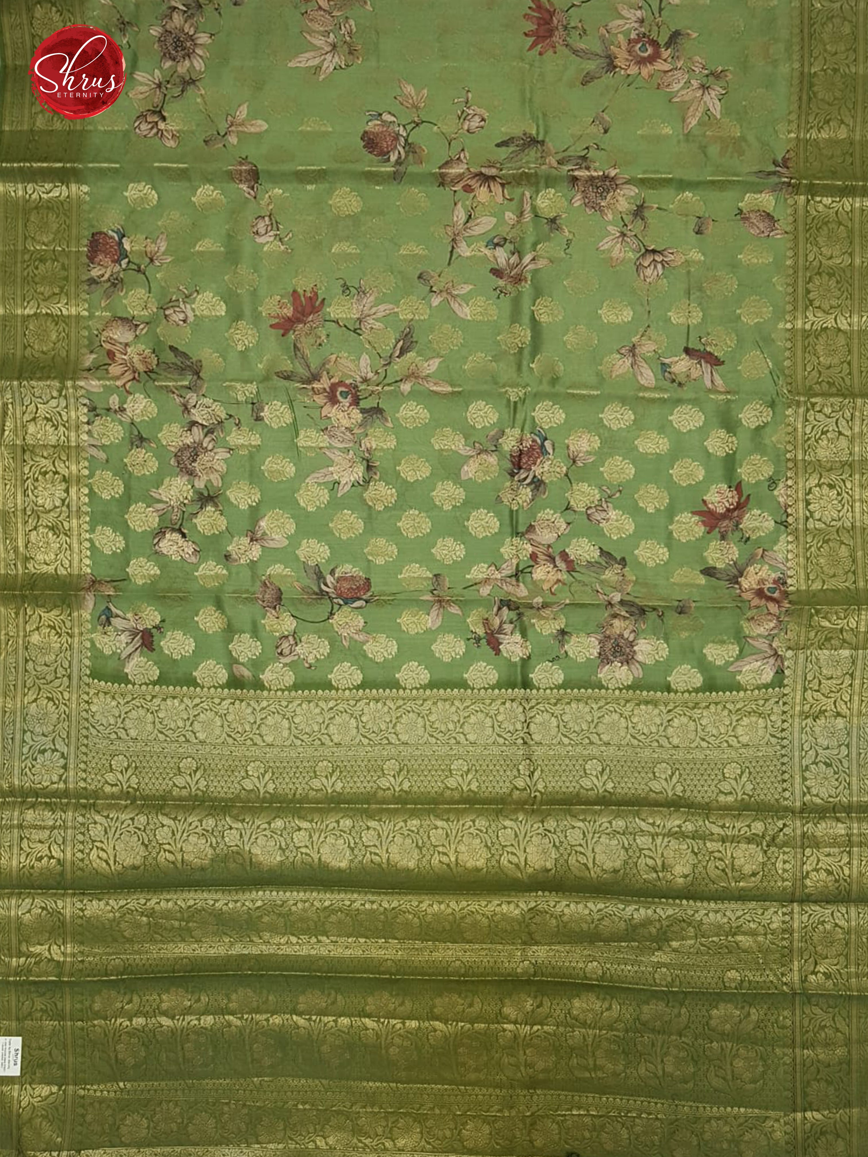 Green(Single Tone)-Tussar with floral print , zari motifs on the body& Zari Border - Shop on ShrusEternity.com