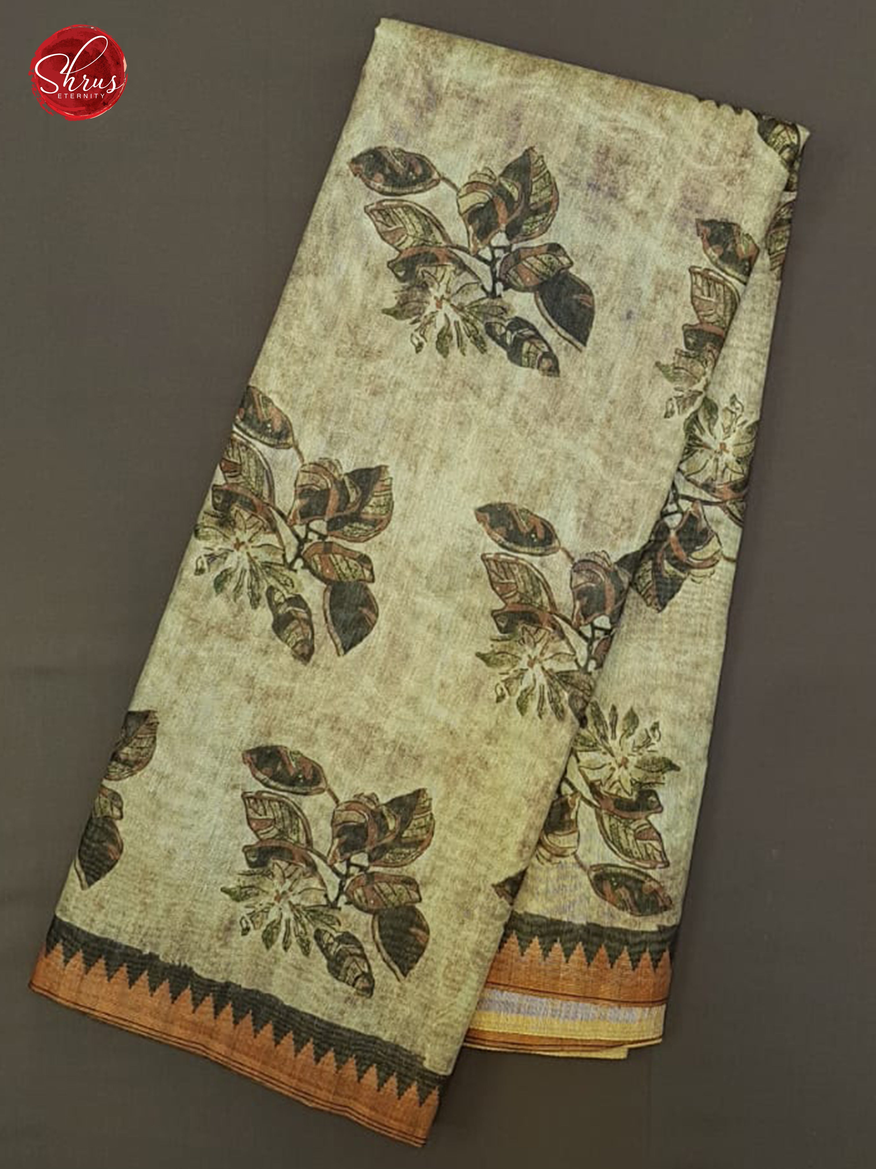 Elachi Green & Brown -  Semi Gicha with floral print on the body & Zari Border - Shop on ShrusEternity.com