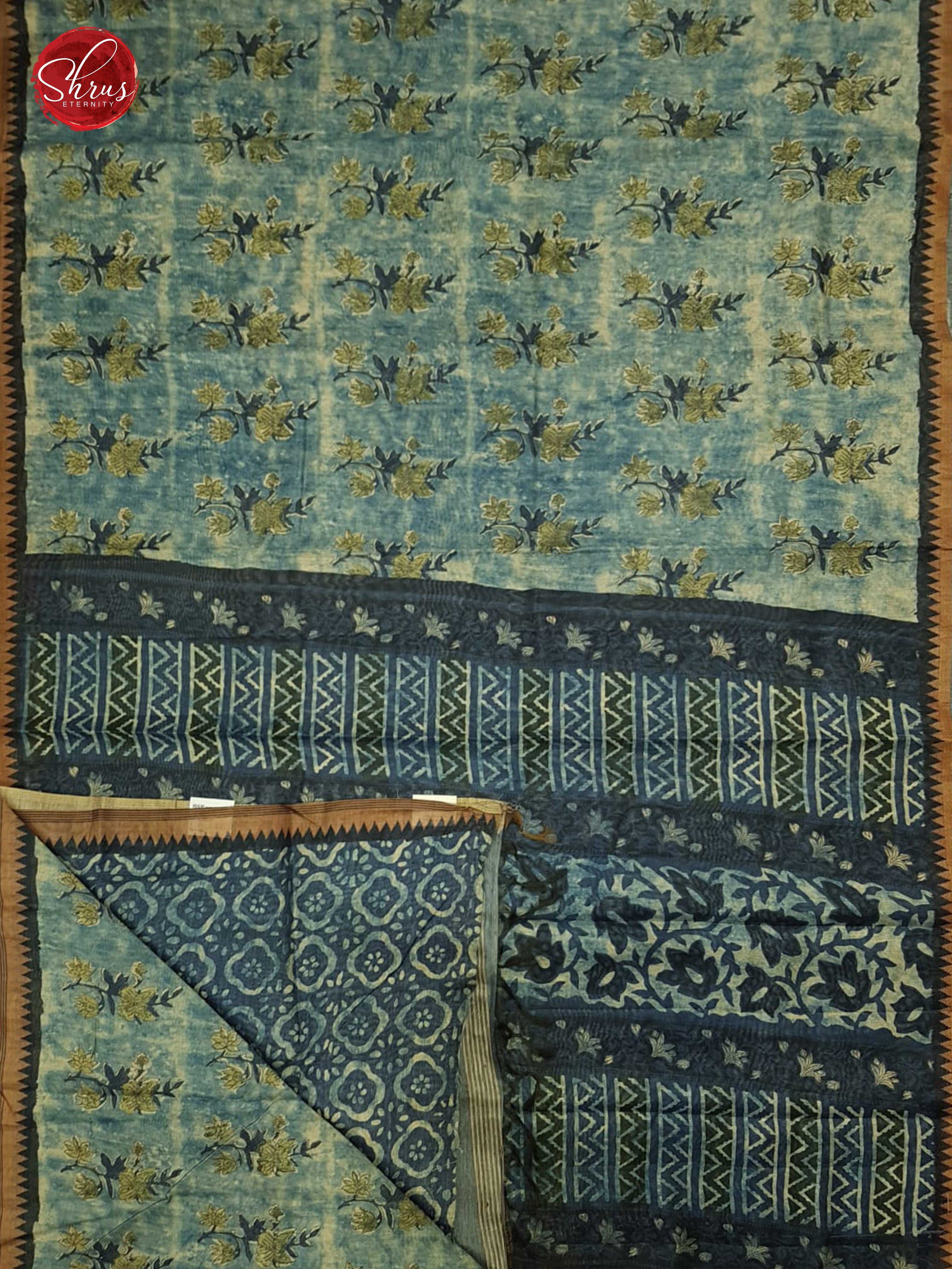 Blue & Dark Blue - Semi Gicha with floral print on the body & Zari Border - Shop on ShrusEternity.com