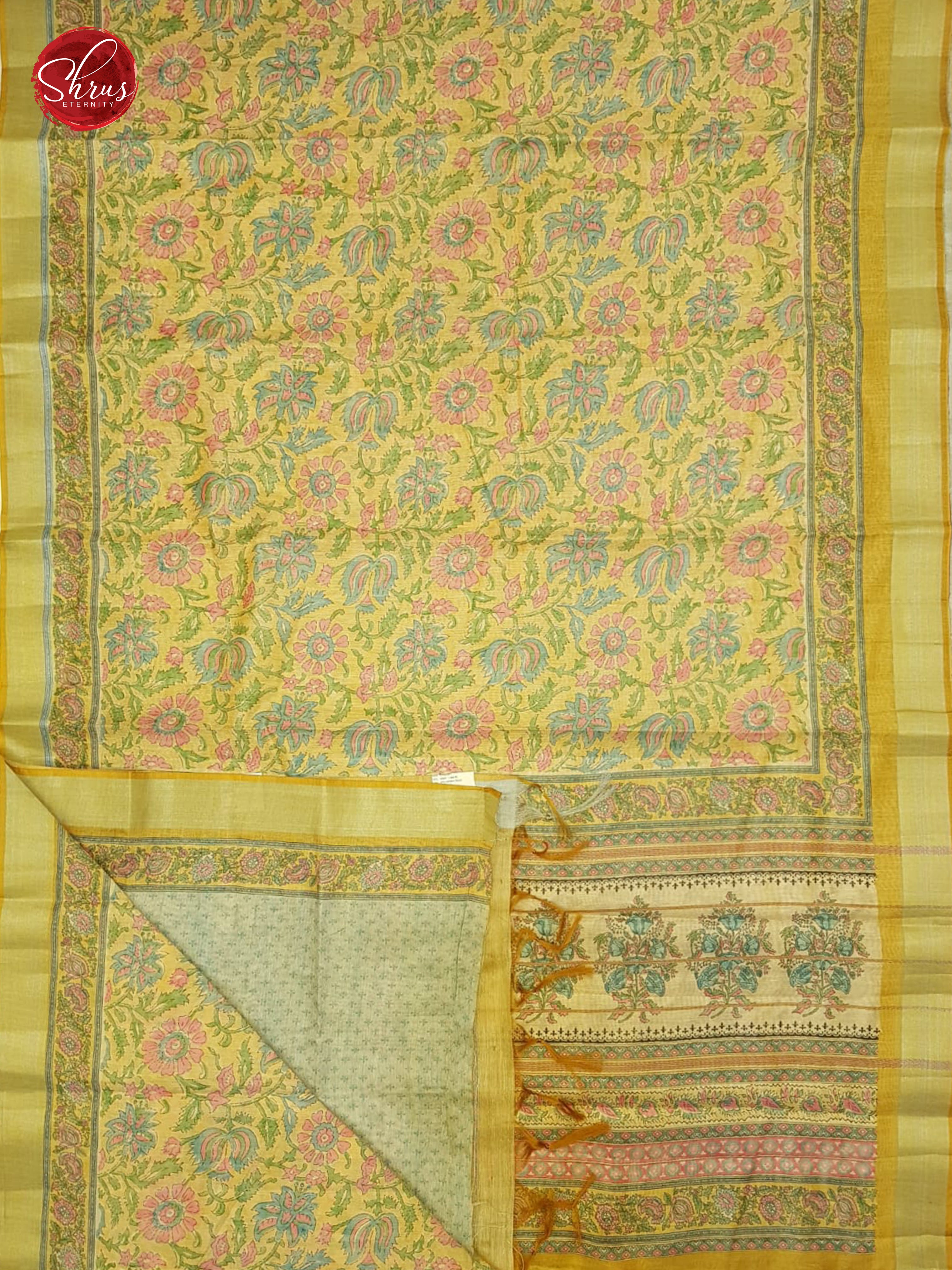 Yellow & Green -  Semi Gicha with floral print on the body & Zari Border - Shop on ShrusEternity.com